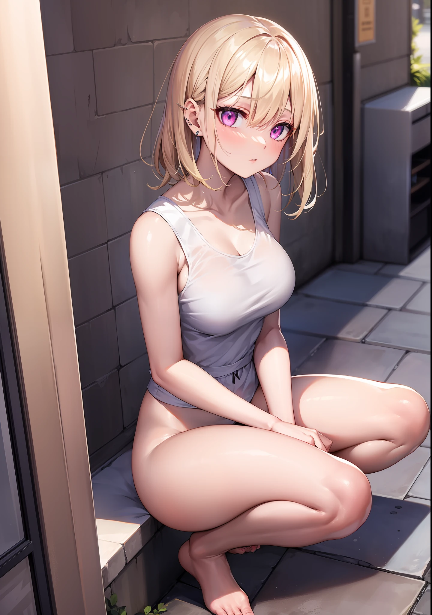 详细的脸、long eyeslashes、Digital Eyes、Glowing eyes、Clear eyes、Shining eyes、A detailed eye、adult lady、Beautiful pink eyes、Semi-long cut、Light blonde hair、Lustrous skin、piercings、ren、hightquality、Good Hand、big breasts thin waist、Tank top with design、Casual shirts、Short bottom、Beautiful scenery、beauty legs、In the street