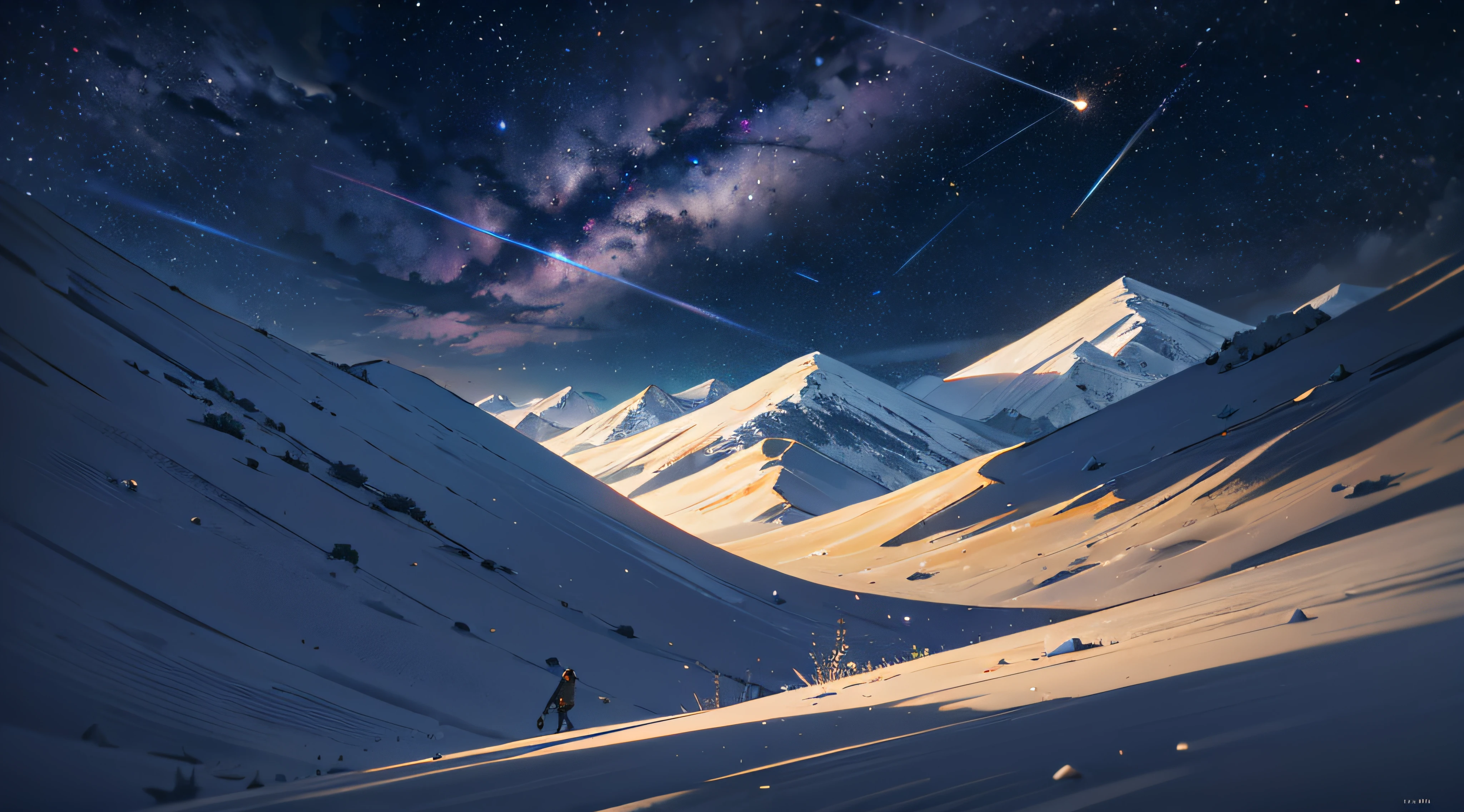 Expansive landscape photograph,(moon full:1.2),(meteors:0.9),(Starcloud:1.3),(Warm light source:1.2),(glowworm:1.2),lamp lights,Lots of purple and orange,Complicated details,Volumetriclighting,Realism BREAK(tmasterpiece:1.2),(best qualtiy),8K,Ultra-detailed,(dynamic compositions:1.4),The is very detailed,Colorful details,(Irridescent color:1.2),(luminouslighting,Atmospheric lighting),dream magical,magical,(独奏:1.2),((best qualtiy)), ((tmasterpiece)), (the detail:1.4),depth of fields,maximum definition and sharpness,perfectly proportions,Fluttering clouds,Wallpapers