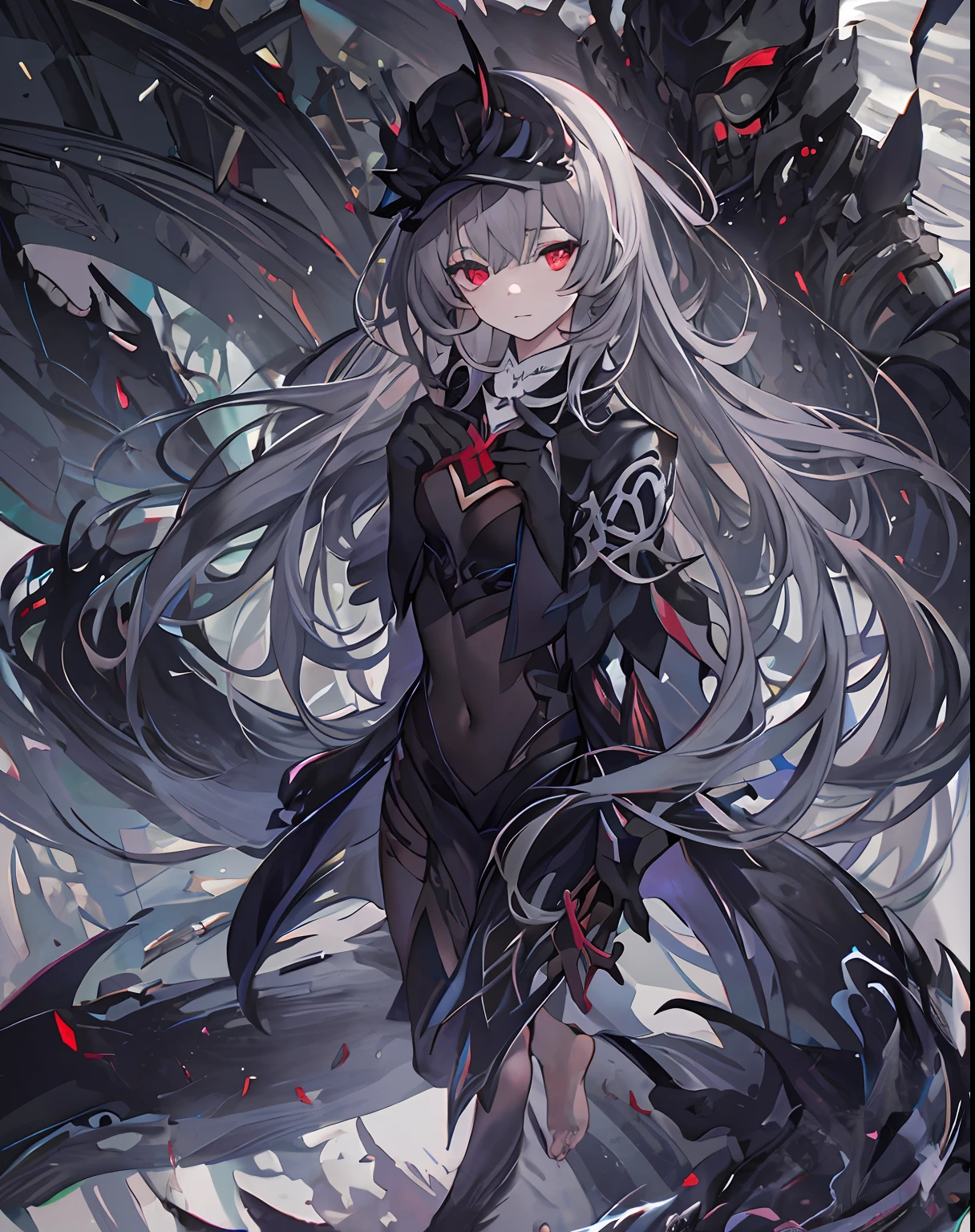 one-girl,solo,tmasterpiece,Best quality at best,Gray hair,Gray hair,Gray hair,Red eyes,Blackened,darkly,scyscraper,cel shadow,Villain,sneering,Overlooking,black shadows,Viscous black liquid,shadowy,Black belly,Steady,Barefoot
