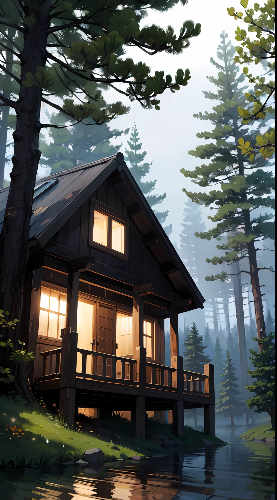 village, wooden log houses, palisade wall, surrounded by water, Dark dense forest around. Dark wood.