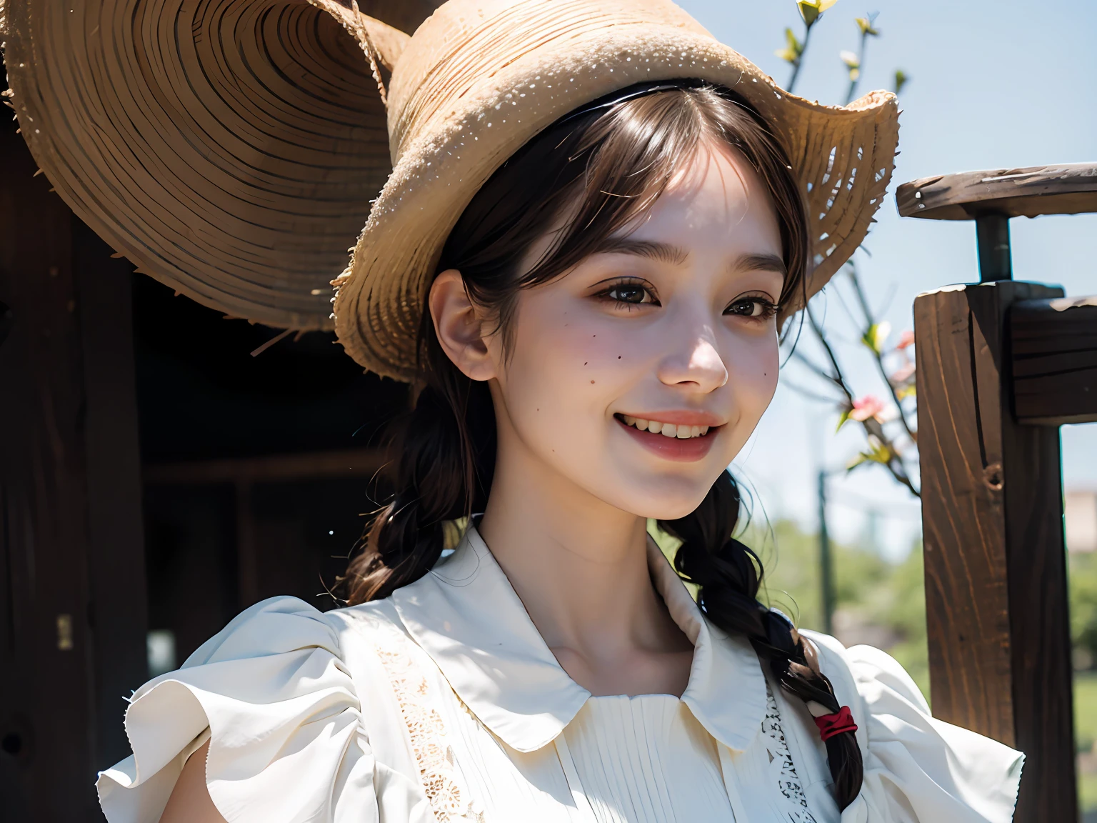 There was a woman wearing a brown hat and a white vest, Double braid，Disney  style, The smile is charming,8K photos,Young and lovely face, disney's princess，Fair and delicate skin，Eyes facing forward，tmasterpiece，The face shape is a bit round，Like a full-fledged little princess，no dark circles，with a round face，Delicate girl，There are no spots on the face，brightly，Warm style