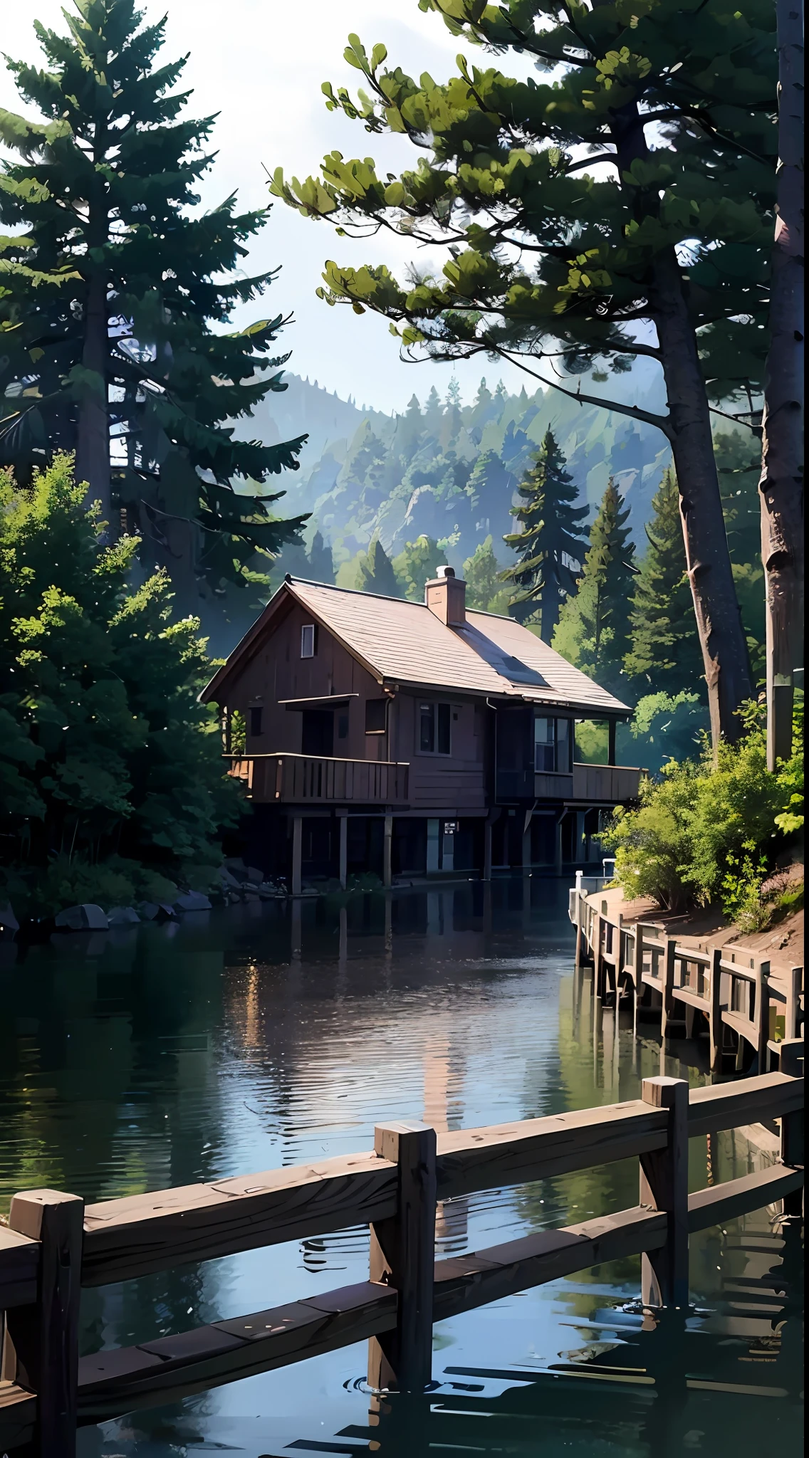 village, wooden log houses, palisade wall, surrounded by water, Dark dense forest around. Dark wood.