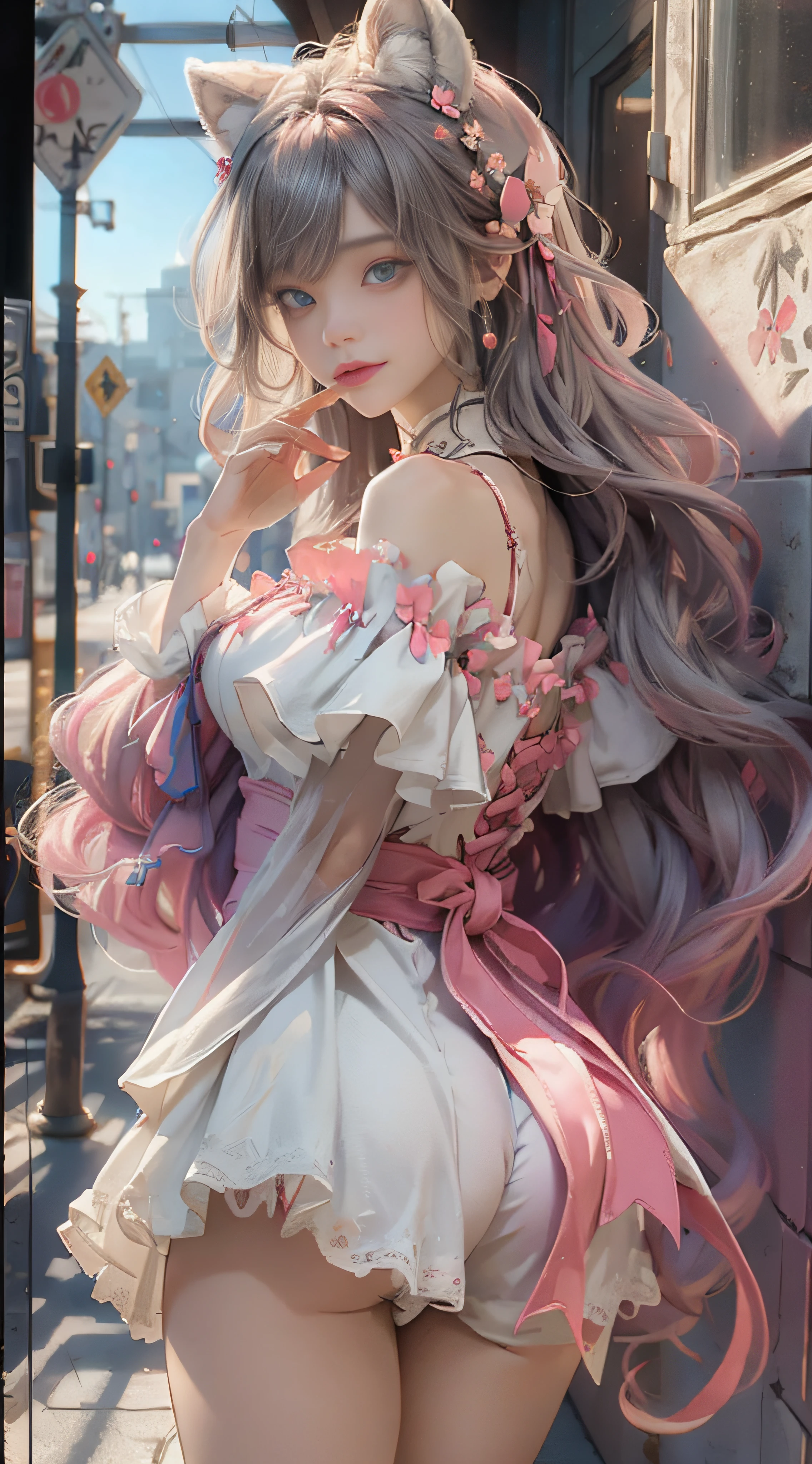 ((best qualtiy)), ((tmasterpiece)), (detail:1.4), Beautiful cyberpunk female images,hdr(HighDynamicRange),Ray traching,NVIDIA RTX,Hyper-Resolution,illusory 5,sub surface scattering,PBR textures,post-proces,Anisotropy Filtering,depth of fields,maximum definition and sharpness,Many-Layer Textures,Albedo e mapas Speculares,Surface coloring,Mitsu-Accurate simulation of material interactions,perfectly proportioned,rendering by octane,Two-colored light,largeaperture,Low ISO,White balance,Rule three points、8K raw data、Beautiful bright blue pupils,off-the-shoulder clothes,Fine pupils,Delicate face and eyes,long eyelasher,Blushlush,Delicate and fluffy hair,pink lip,Pure,Cute face,Sweet girl,Artistic sense,Casual wear,Advancedsense,butterflys,Cherry blossom petal,Beautiful hair accessories,Long hair and waist,Hair fluttering in the wind,Snow-white fox ears,curlies,Snow-white fluffy tail,Positive light,The light from the back window is backlighted