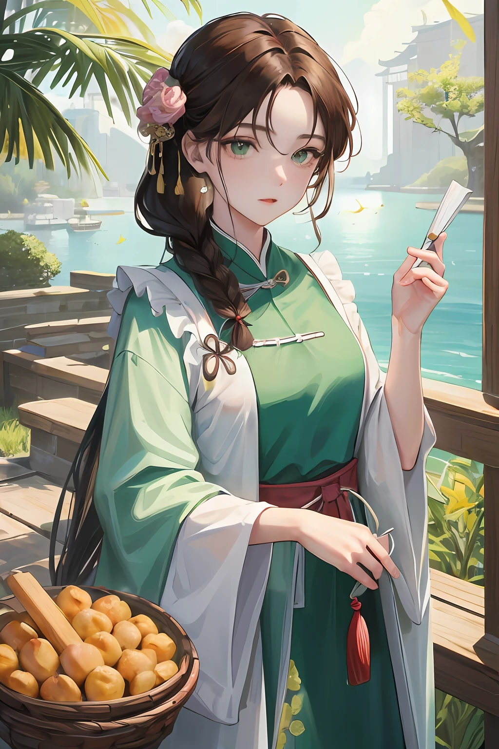 Masterpiece, Best quality, Daytime, Outdoor, Water's Edge, festivity, celebrating, A woman who is, Mature woman, Chinese style, Ancient China, sister, Imperial sister, Cold expression, Expressionless face, Dark brown hair, Green eyes, Single strips of fried dough twisted braid, Coiled hair, Double ball head, Green clothes, Light pink lips, calm, Intellectual, Media distribution, Hairpin, doctor, herbal medicine