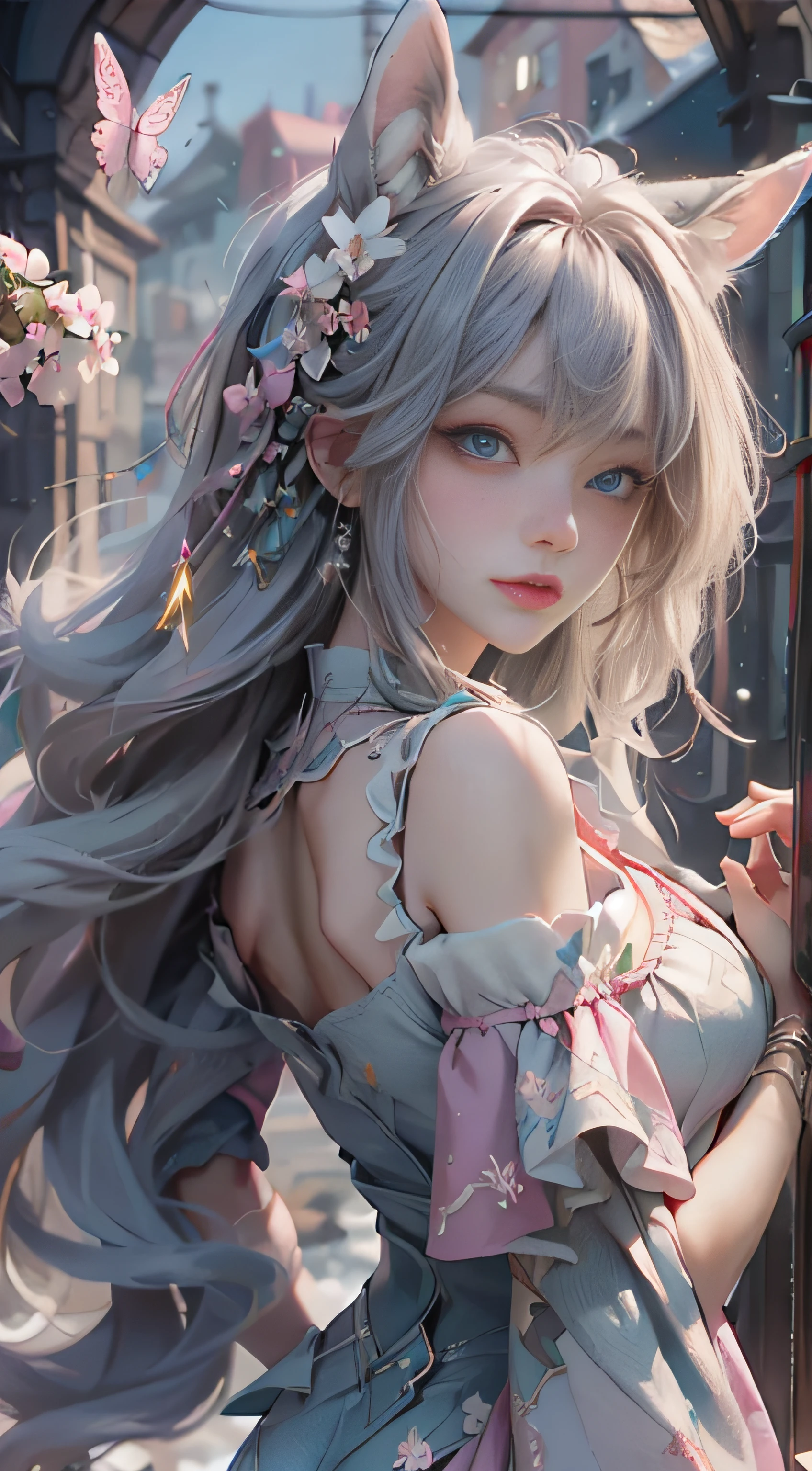 ((best qualtiy)), ((tmasterpiece)), (detail:1.4), Beautiful cyberpunk female images,hdr(HighDynamicRange),Ray traching,NVIDIA RTX,Hyper-Resolution,illusory 5,sub surface scattering,PBR textures,post-proces,Anisotropy Filtering,depth of fields,maximum definition and sharpness,Many-Layer Textures,Albedo e mapas Speculares,Surface coloring,Mitsu-Accurate simulation of material interactions,perfectly proportioned,rendering by octane,Two-colored light,largeaperture,Low ISO,White balance,Rule three points、8K raw data、Beautiful bright blue pupils,off-the-shoulder clothes,Fine pupils,Delicate face and eyes,long eyelasher,Blushlush,Delicate and fluffy hair,pink lip,Pure,Cute face,Sweet girl,Artistic sense,Casual wear,Advancedsense,butterflys,Cherry blossom petal,Beautiful hair accessories,Long hair and waist,Hair fluttering in the wind,Snow-white fox ears,curlies,Snow-white fluffy tail,Positive light,The light from the back window is backlighted