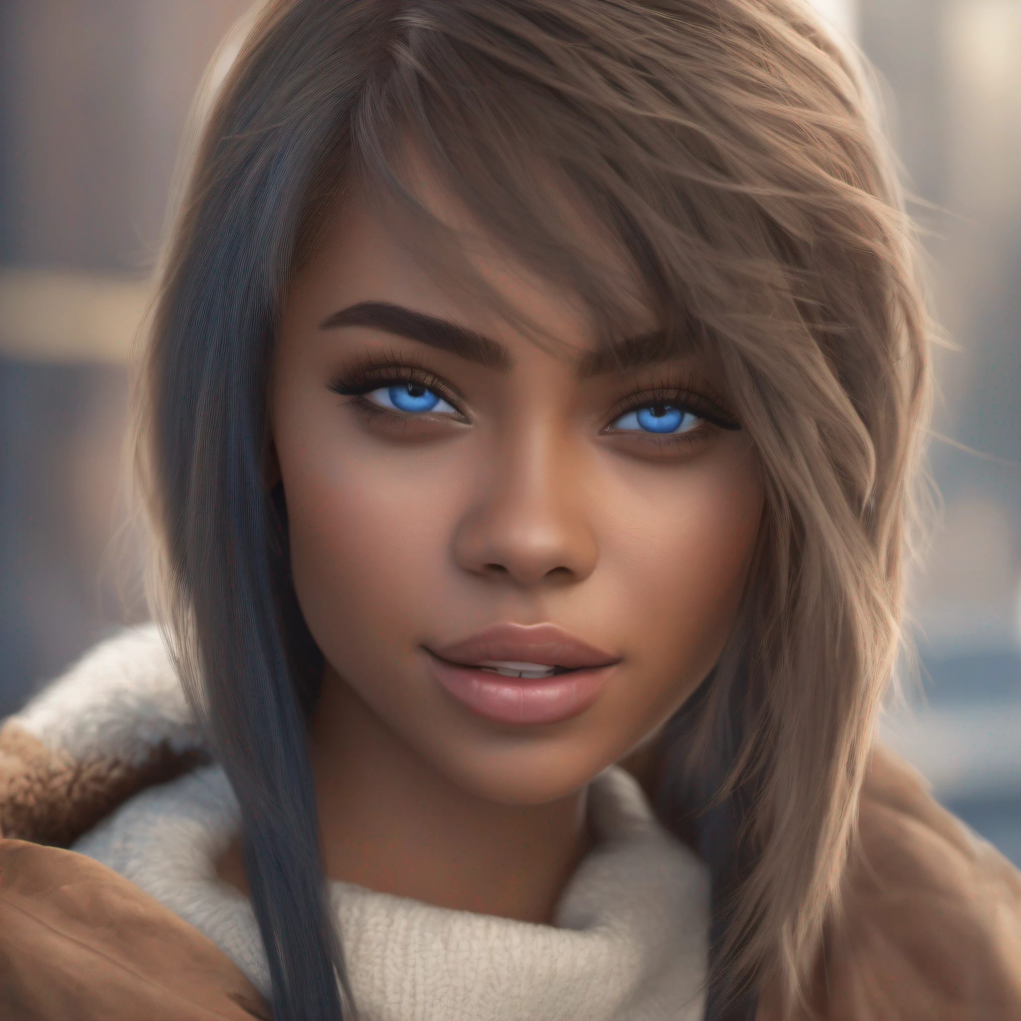 best quality, ultra high res, (photorealistic:1.4), masterpiece, 1girl, brown skin color, blue_eyes, from_behind, fur_trim, hair_over_one_eye, lips, long_hair, make up, looking_at_viewer, looking_back, nose, photo_(medium), photorealistic, realistic, solo, teeth, upper_body, shot with Sony Alpha a9 II and Sony FE 200-600mm f/5.6-6.3 G OSS lens, natural ligh, hyper realistic photograph, ultra detailed –ar 3:2 –q 2 –s 750