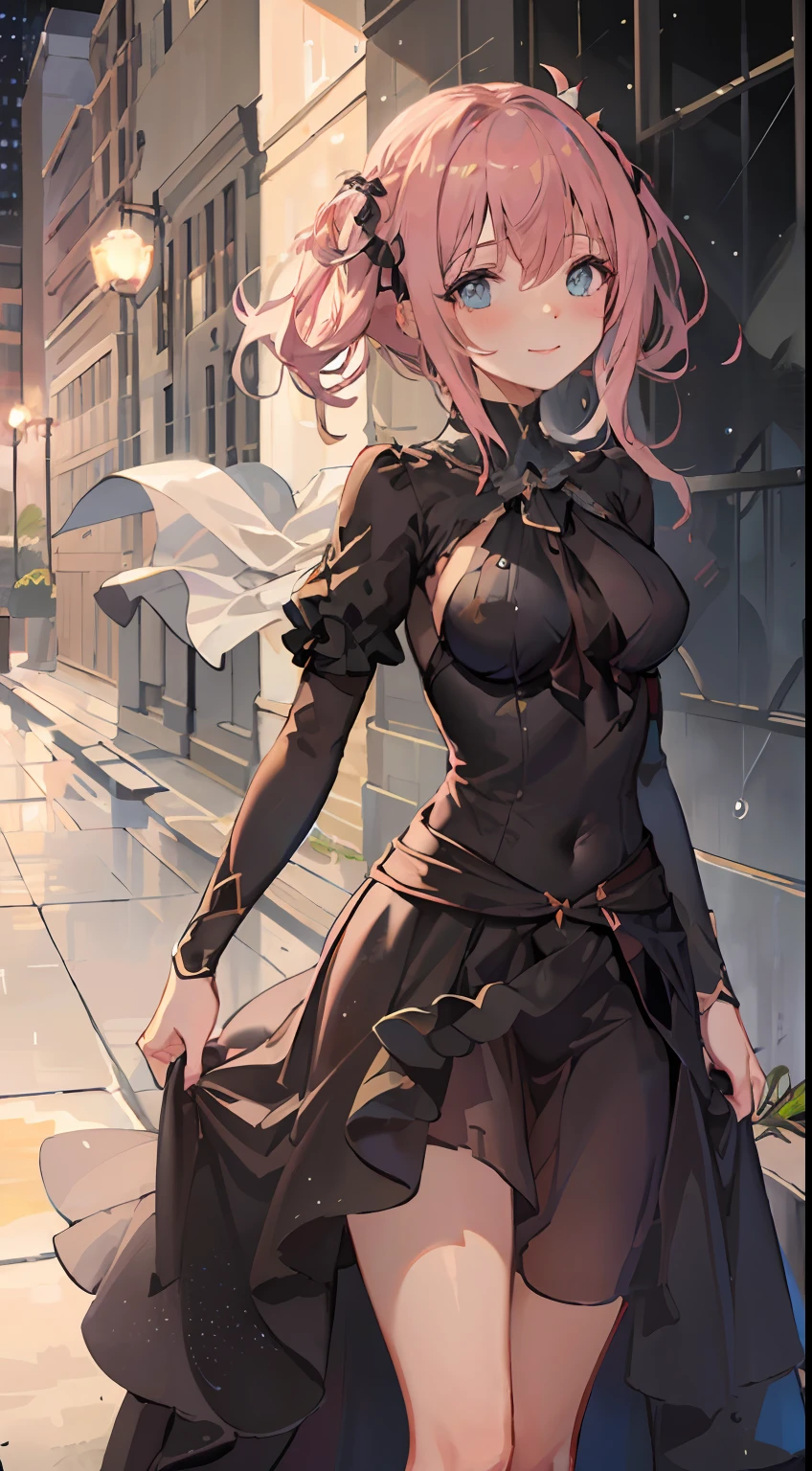 1girl, medium breasts,
outdoors,cityscape, street,
black_dress,long_dress,black veil,rain,standing,cowboy shot,
blush,light smile,