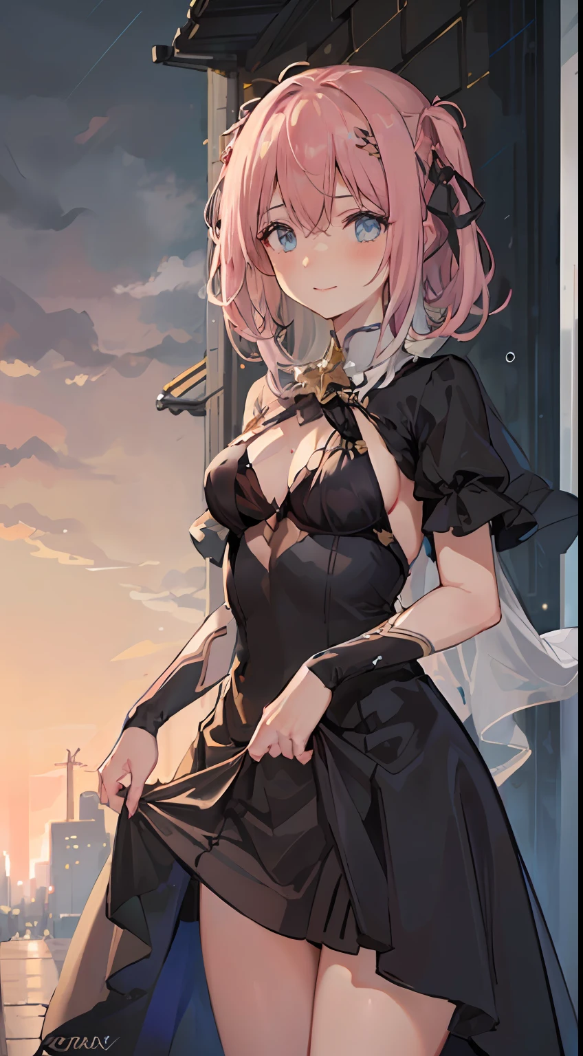 1girl, medium breasts, 
outdoors,cityscape, street,
black_dress,long_dress,black veil,rain,standing,cowboy shot, 
blush,light smile,