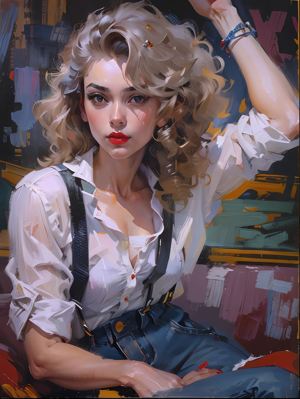 Beautiful girl in modern asian city，white  shirt，Denim suspenders，Big scalp shoes，cabelos preto e longos，curlies，Sexy and seductive red lips，full bodyesbian，Sit cross-legged，portraitures，oil painted，inks，acrycle painting，tmasterpiece，Renaissance style，best qualtiy，A high resolution，super-fine，Eyes detailed，Face detailed，hair detail，Accurate，Clear eye focus close-up