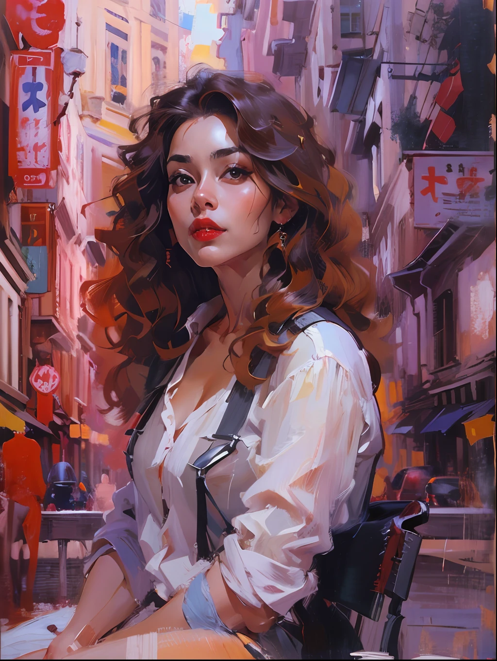 Beautiful girl in modern asian city，white  shirt，Denim suspenders，Big scalp shoes，cabelos preto e longos，curlies，Sexy and seductive red lips，full bodyesbian，Sit cross-legged，portraitures，oil painted，inks，acrycle painting，tmasterpiece，Renaissance style，best qualtiy，A high resolution，super-fine，Eyes detailed，Face detailed，hair detail，Accurate，Clear eye focus close-up