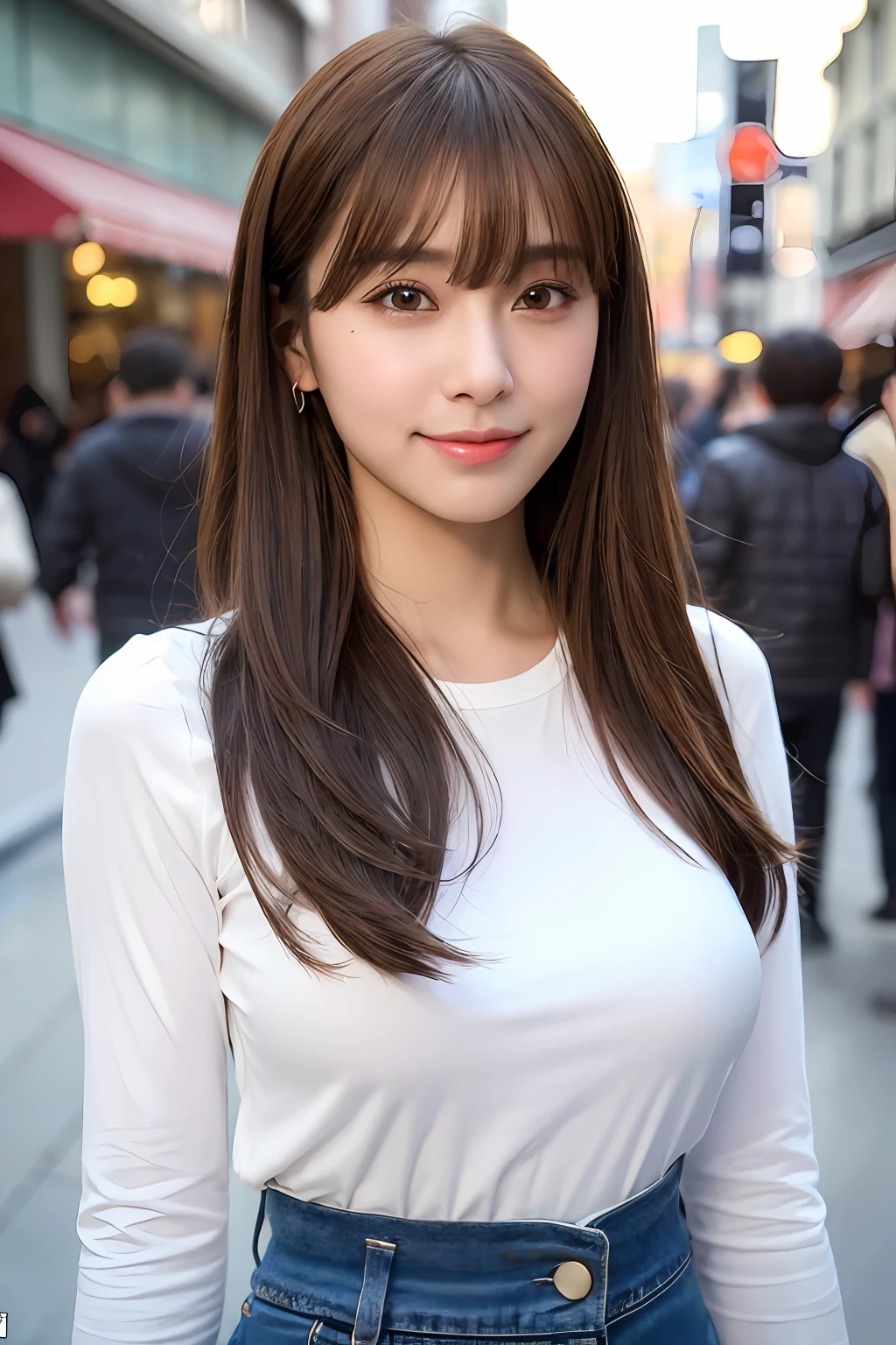 (8k, RAW photos, top quality, masterpiece: 1.2), ultra detailed, super resolution, (real, real photos: 1.37), portraits, high definition RAW color photos, professional photos, very detailed and beautiful, highly detailed, 8k wallpapers, amazing details, huge file size, official art, highly detailed CG Unity 8k wallpapers, highly detailed beautiful girls, highly detailed facesHighly detailed eyes, highly detailed skin, highly detailed fingers, Highly detailed nose, Highly detailed mouth, Perfect anatomy, Highly detailed background, Highly detailed clothing, One Girl, (18:1.2), teen, cute girl, famous Japan idol, cute, realistic body, petite, white skin, glowing skin, slim body, handsome body, brown hair, medium hair, (blunt bangs:1.2), smile, cute, youthful, pretty face, realistic face, delicate eyes, sagging eyes, white t-shirt, skirt, earrings, camera gaze, cowboy shot, front-facing, standing, contrapost, high street, public, crowd, dynamic lighting, very big breasts,