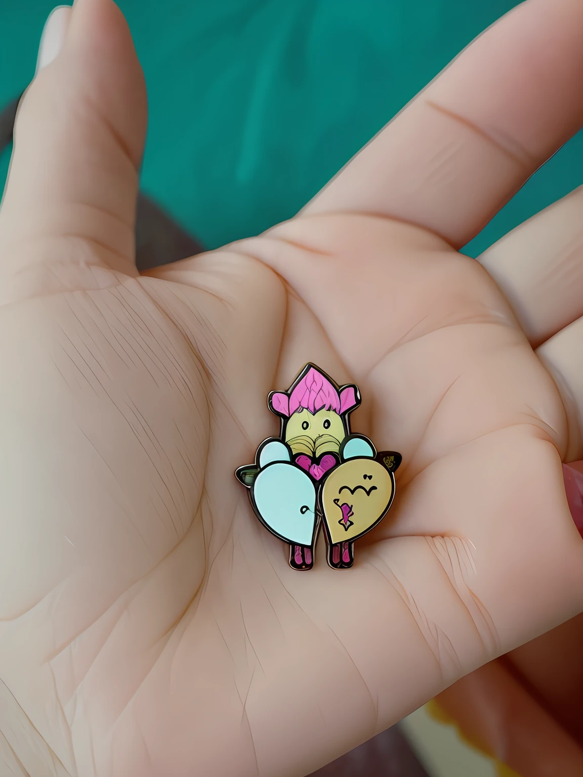 Someone was holding a small heart-shaped pin in his hand。, holding a pudica pose, Hand drawn digital art, sits on a finger, Little people look, hand - drawn 2 d art, cute little creature, Small Fire Phlegm, sitting on man's fingertip, ! holding in his hand !, named finger, forming a heart with their necks