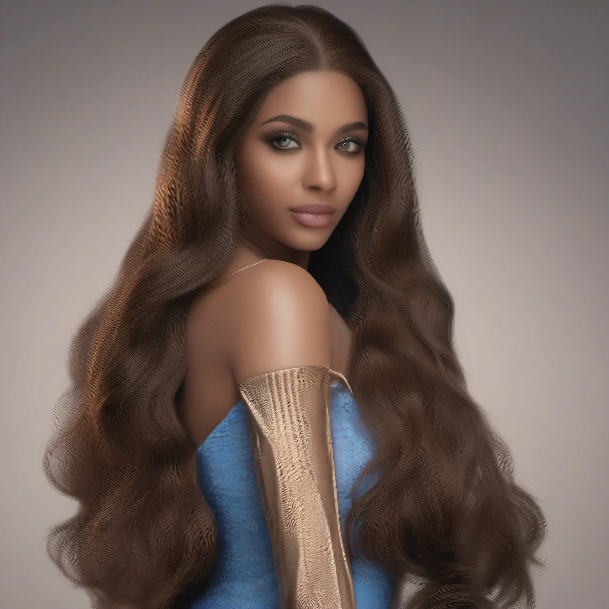 best quality, ultra high res, (photorealistic:1.4), masterpiece, 1girl, brown skin color, blue_eyes, from_behind, fur_trim, hair_over_one_eye, lips, long_hair, make up, looking_at_viewer, looking_back, nose, photo_(medium), photorealistic, realistic, solo, teeth, upper_body, shot with Sony Alpha a9 II and Sony FE 200-600mm f/5.6-6.3 G OSS lens, natural ligh, hyper realistic photograph, ultra detailed –ar 3:2 –q 2 –s 750