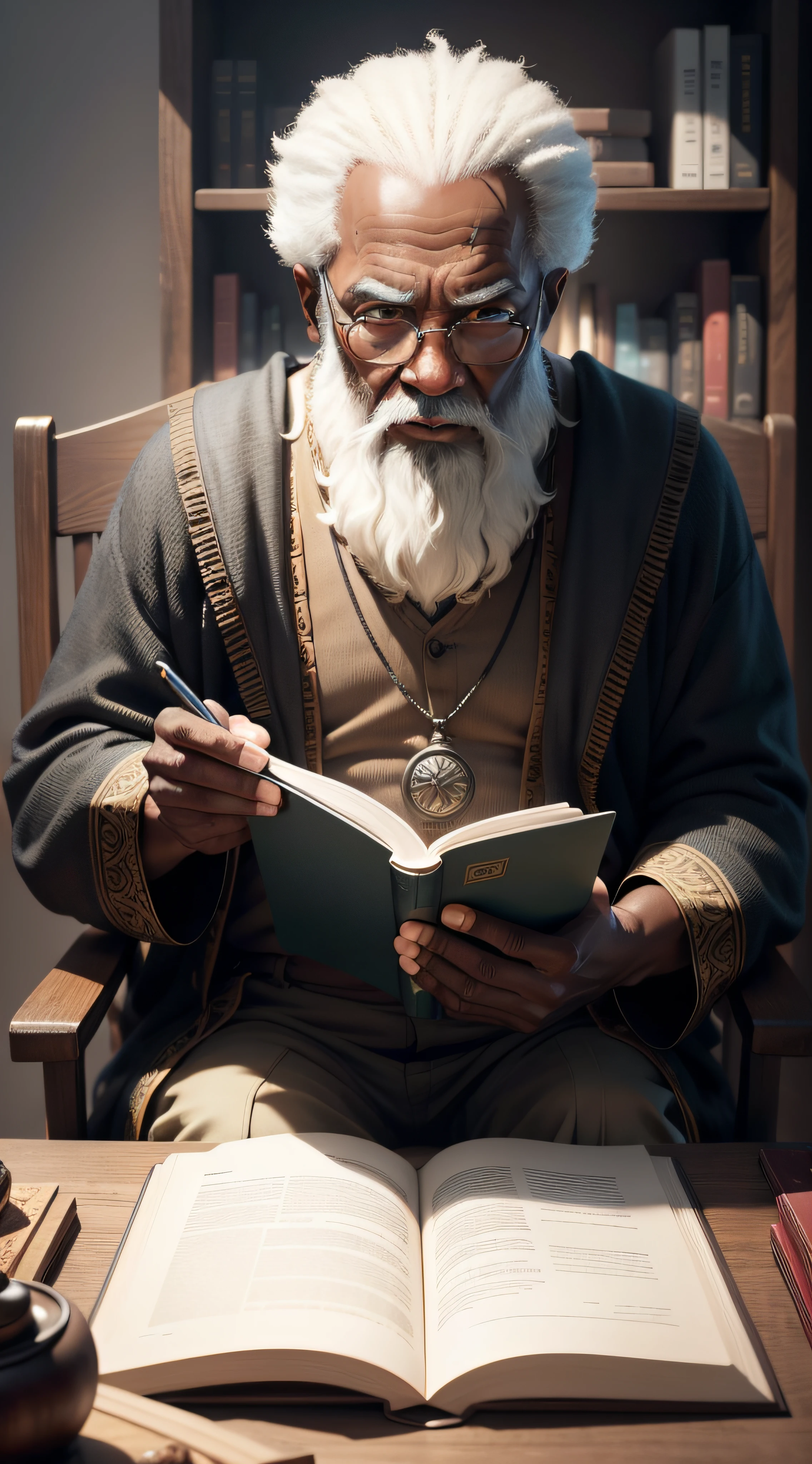 half body of an black scholar old man is sitting in front of an ancient book in the mystery sceen, eyes on the camera, taking a clear image of the old man, Ultra HD, Max Sharpen, 8K, 101K ultra detailed resolution, sf, trending on artstation, focus sharp, studio shot, intricate detail, highly detailed, Ultra Detailed, Ultra HD, Max Sharpen, 8K, 101K ultra detailed resolution, sf, trending on artstation, focus sharp, studio shot, intricate detail, highly detailed