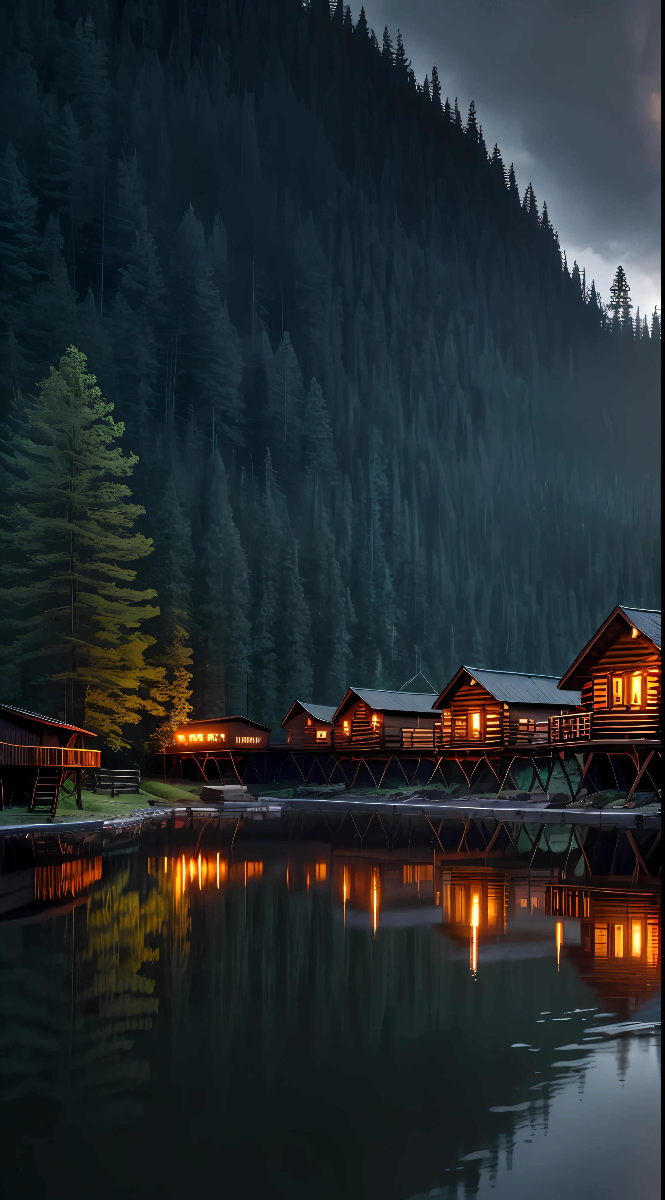 village, wooden log houses, palisade wall, surrounded by water, Dark dense forest around. dark wood.