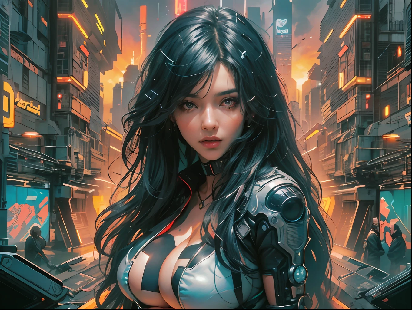 (beautiful arab identical twins in middle of composition:1.3), (((ultra detailed neon cyberpunk futuristic city ))),black long hair, detailed and intricate (((cyberpunk city background))), featuring high-tech holographic projections and sleek architecture, art by (((Syd Mead, Masamune Shirow))), highly detailed photo realistic, god rays, ultra sharp focus, ultra high quality, vibrant, (very enormous breast:1.7), (bare breasts:1.4), shiny latex is black, latex stockings, long hair, (shiny skin:1.4), shiny lips, very big ass, (symmetrical detailed face:1.7), toned, sexy, masterpiece