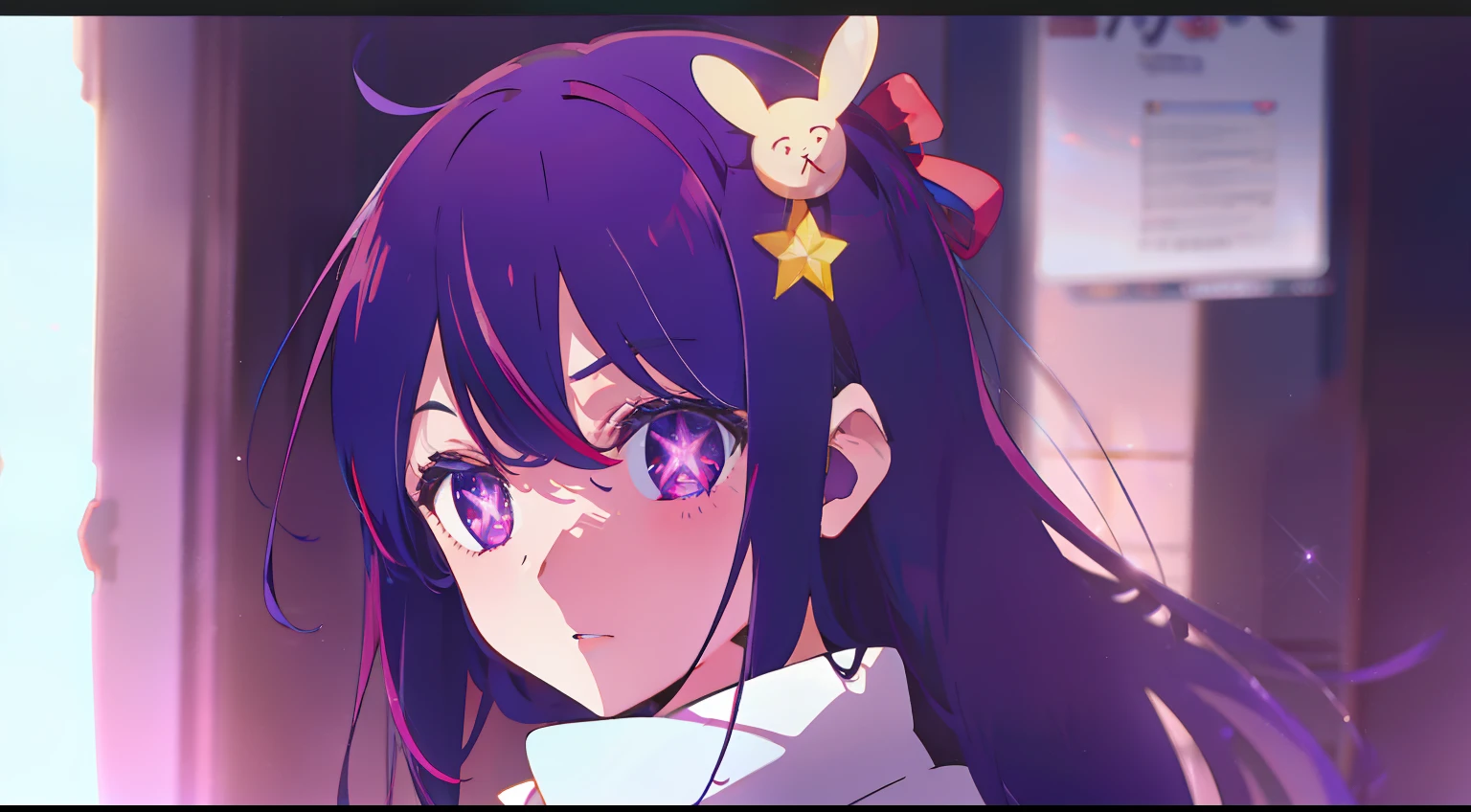 Hoshino Ai, long hair, purple hair, streaked hair ,purple eyes, star-shaped pupils, hair ornament,,