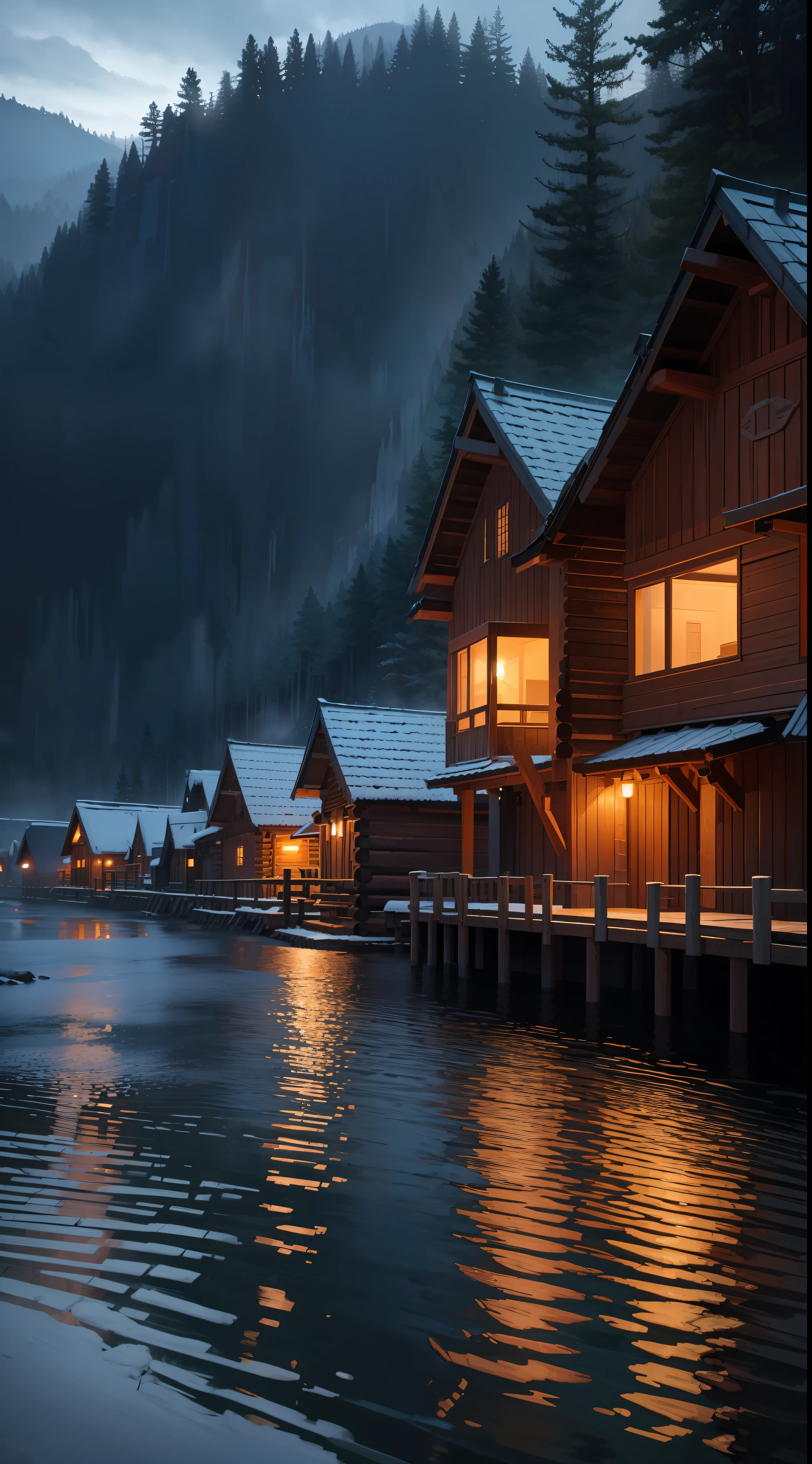 village, wooden log houses, palisade wall, surrounded by water, Dark dense forest around. dark wood.