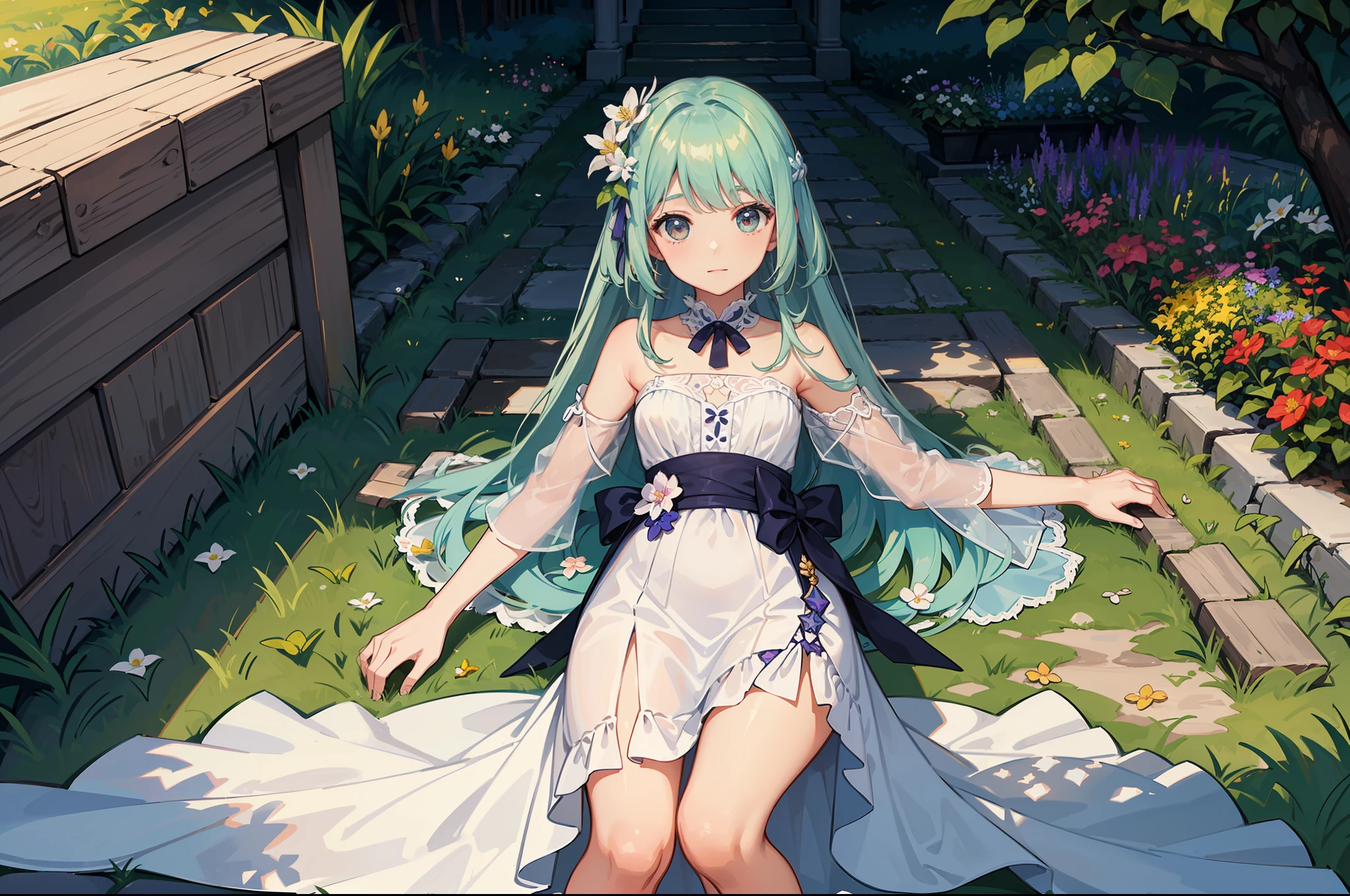 In a beautiful garden, una hermosa joven camina con un vestido corto con tirantes, camina descalza por la hierba, Small flowers are of various colors.  It's a summer day with good light. Una imagen espectacular. (obra maestra) (mejor calidad)
