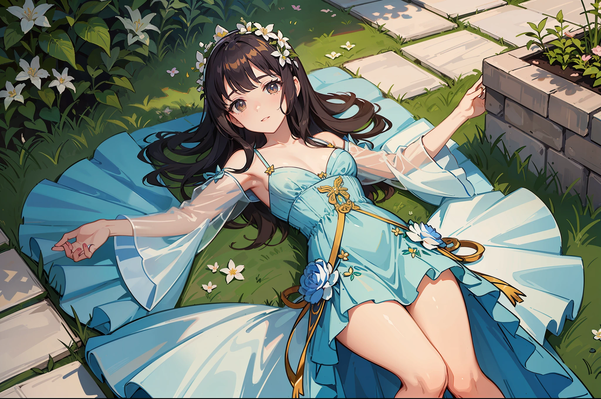 In a beautiful garden, una hermosa joven camina con un vestido corto con tirantes, camina descalza por la hierba, Small flowers are of various colors. It's a summer day with good light. Una imagen espectacular. (obra maestra) (mejor calidad)