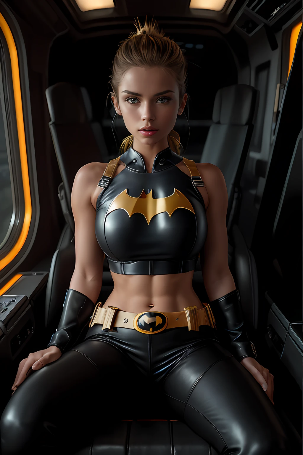 (Extremely detailed 8k wallpaper), bat girl sitting in a futuristic fighter jet cockpit, black futuristic fighter jet cockpit, sitting in black leather pilot seat, sitting in leather seat in cockpit, futuristic fighter jet cockpit:1.3, batgirl:1.2, confident, many switches and lights, long hair, bra, sexy top, short top:1.2, calm, modern futuristic clothing, complex, highly detailed, and dramatic, cinematic lighting, bright scene, soft lights, large breasts:1.4, nsfw:1.4, fit girl, lean girl, dark gray tight leather clothes, cleavage, batman logo:1.4