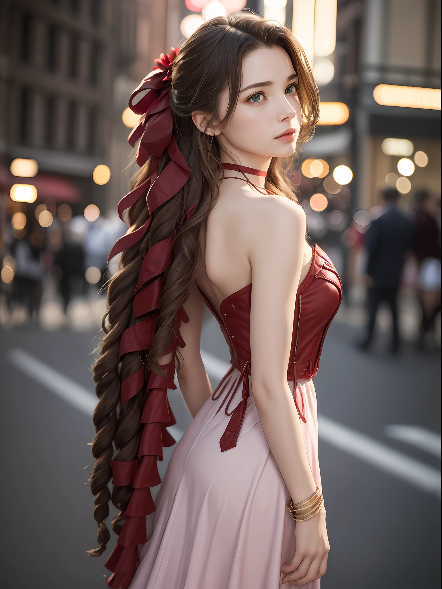 (masterpiece, best quality:1.4), (future days), (from back), (1girl), solo, (european youth:1), aerith gainsborough, choker, cropped jacket, hair bow, bracelet, pink dress, brown boots, very long hair, hair ribbons, hair flowers, strapless red dress, high heels, looking at viewer, yperrealistic, high detailed skin, dslr, soft lighting, high quality, highly detailed face, highly detailed skin, skin pores, subsurface scattering, realistic pupils, medium breast, full face blush, full lips, detailed background, depth of field, volumetric lighting, sharp focus, absurdres, realistic proportions, good anatomy, (realistic, hyperrealistic:1.4), 16k hdr,