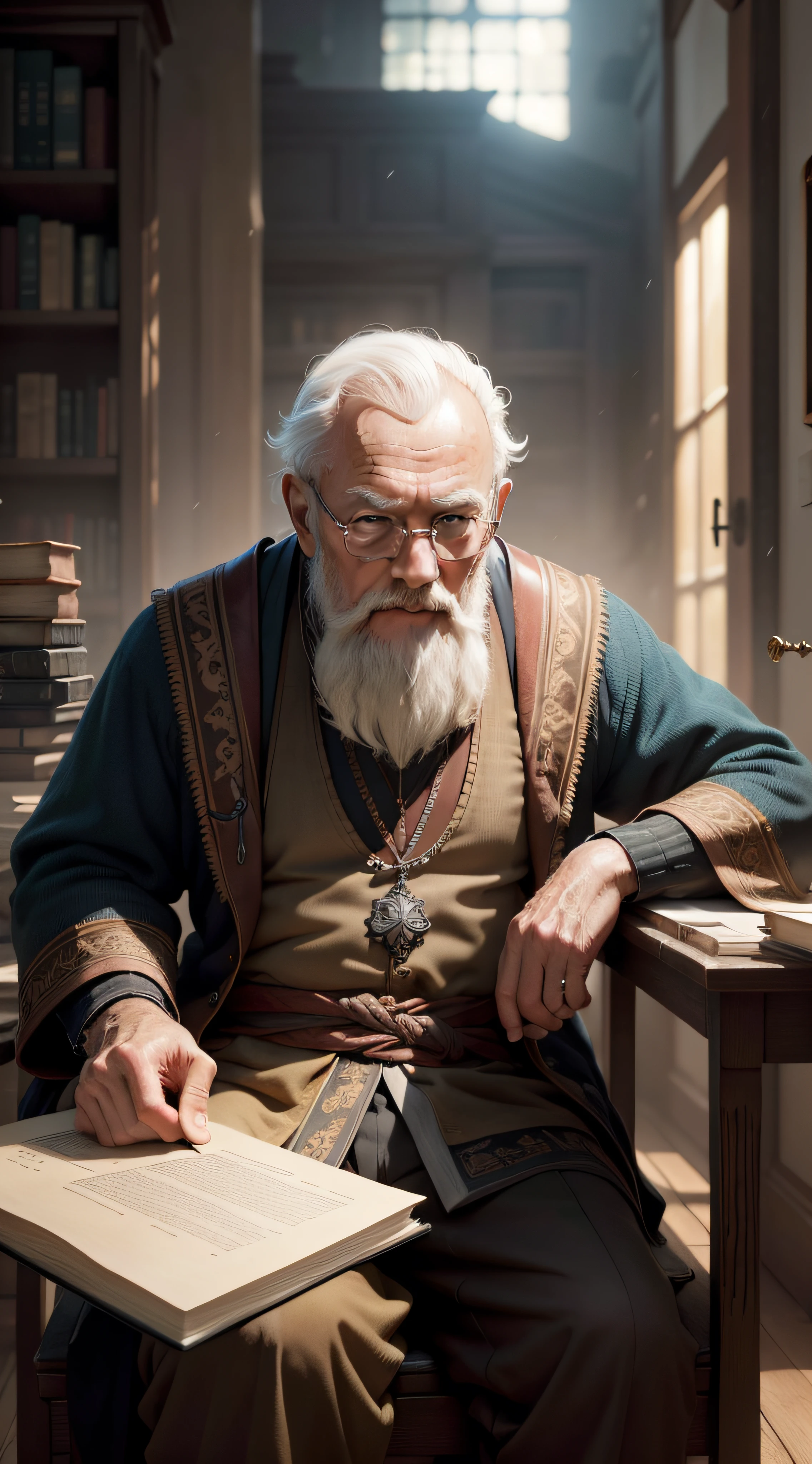 half body of an scholar old man is sitting in front of an ancient book in the mystery sceen, eyes on the camera, taking a clear image of the old man, Ultra HD, Max Sharpen, 8K, 101K ultra detailed resolution, sf, trending on artstation, focus sharp, studio shot, intricate detail, highly detailed, Ultra Detailed, Ultra HD, Max Sharpen, 8K, 101K ultra detailed resolution, sf, trending on artstation, focus sharp, studio shot, intricate detail, highly detailed