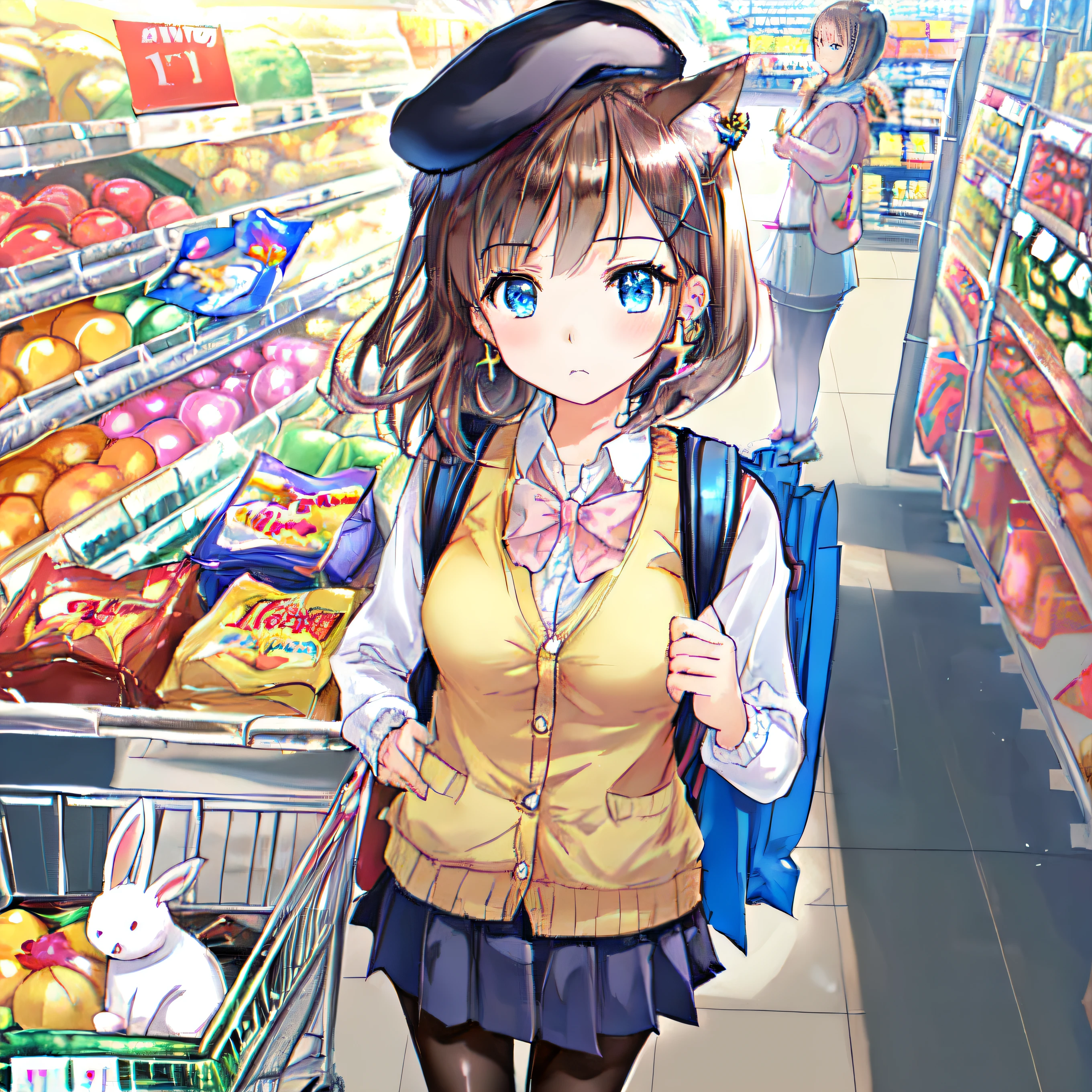 2girls,(Very detailed CG Unity 8K wallpaper), (Best Quality), (Super Detail), (Best Illustration), (Best Shadow), POV, Realistic lighting and shading, Natural light, Lens flare effect, BREAK, (Shopping Day:1.2), (supermarket:1.5), (A few female guests, Payment at the cash register) And,2girls, 1 beautiful girl, Solo,(Cute:1.5),(Chibi:0.8), (kawaii:1.5),(Lori:0.5), BREAK, ((girl, Cute, Cheerful, Loli face, slightly bulging chest,(A dark-haired,Disheveled short bob,tareme:1.2), gleaming skin, Stuffed rabbit,BREAK,(rucksack:1.2), (White shirt,Pink cardigan, :1.2), (White rabbit ear headband:1.0), (Black sneakers:1.0), (jewely, brooches,star-shaped earring:1.1), (beret, X Hair Ornament:1.3), (vertical-striped skirt, striped pantyhose:1.1), (:C),And,2girls, hal, Natural light, Lens flare effect, BREAK, 1 beautiful girl, Solo, (Cute: 1.5), (Chibi: 0. 8), (kawaii: 1.5), (Lori: 0. 5), BREAK, ((17 year old girl), Very detailed, Colorful, Best Detail, BREAK, (Big Tits: 1. 2,), Clear skin, Beautiful skin, Shy, 1 beautiful girl, Brown hair, (Cat ears, Pony tail, Medium Long Hair: 1. 2), (Light blue eyes, long eyelashes, Double eyelids: 1.2), Solo, Glowing skin, BREAK, (Skirts by the way, Mini skirt, Black pantyhose: 1.2), (Sleeveless, Sleeveless shirt, Red Shirt: 1.2), (star-shaped earring: 1.1), (Race catsuits: 1.0), (Cute Accessories: 1. 3), (frowning, Thinking: 1.1 ), (Standing, Slouching:1.3), (Wallet in the right hand, Shopping cart hanging from left arm), (Front Corner:1.1)