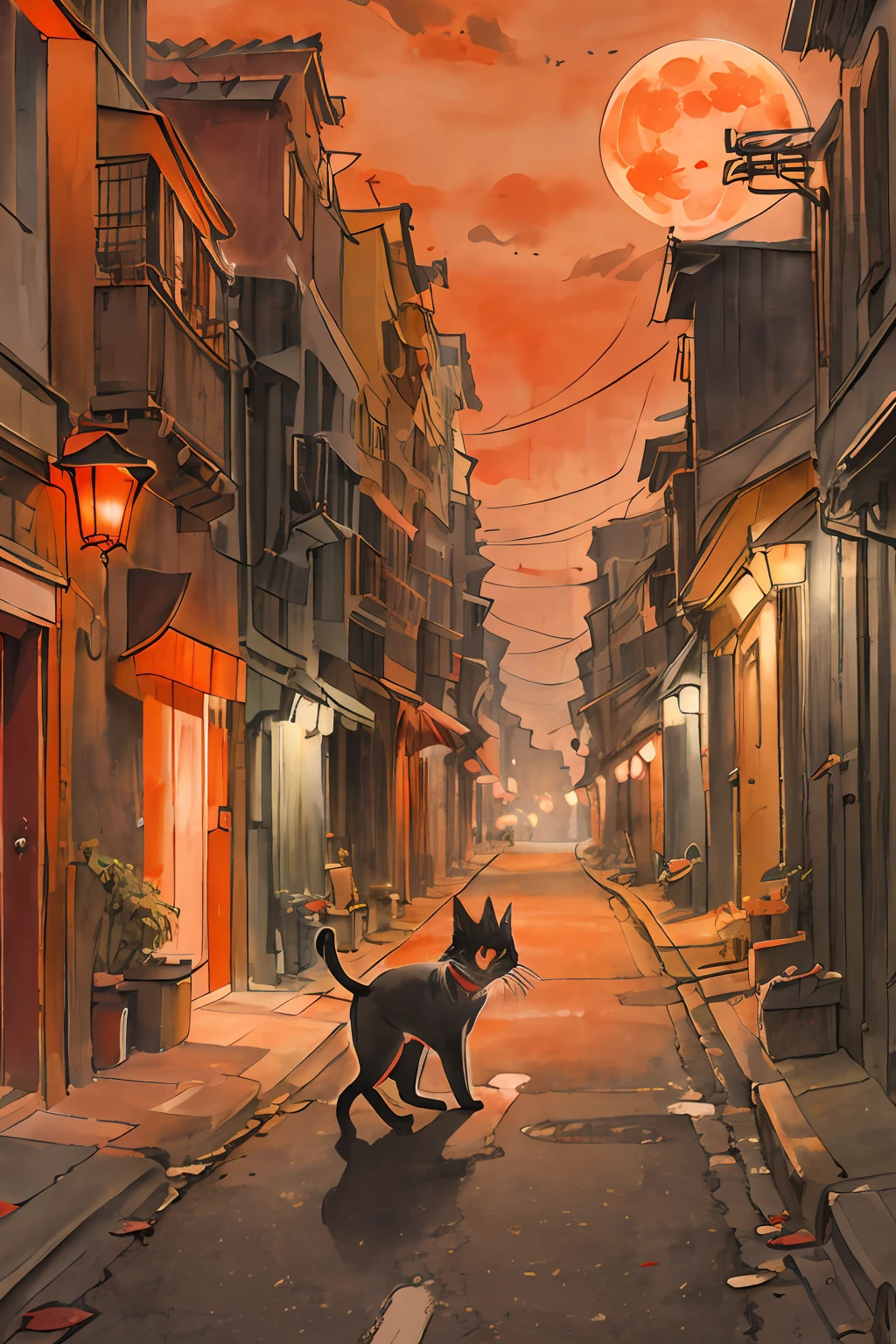 Red-colored street cat, Orange, Cute, big eyes, Masterpiece, full moon, alley, the night