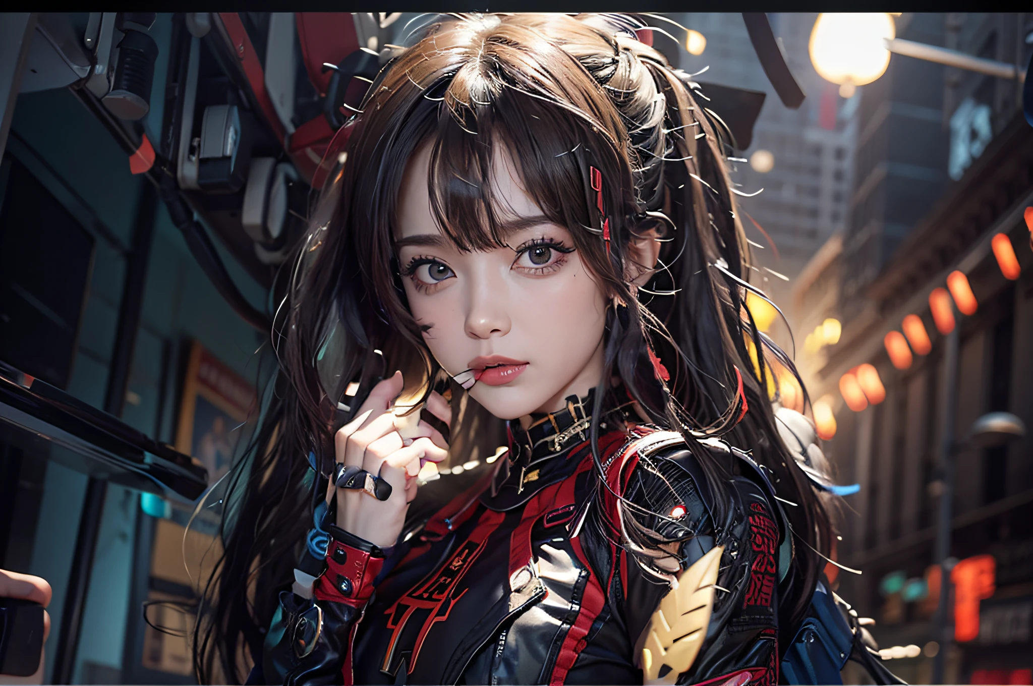 A close up of a woman with long hair and a black jacket - SeaArt AI