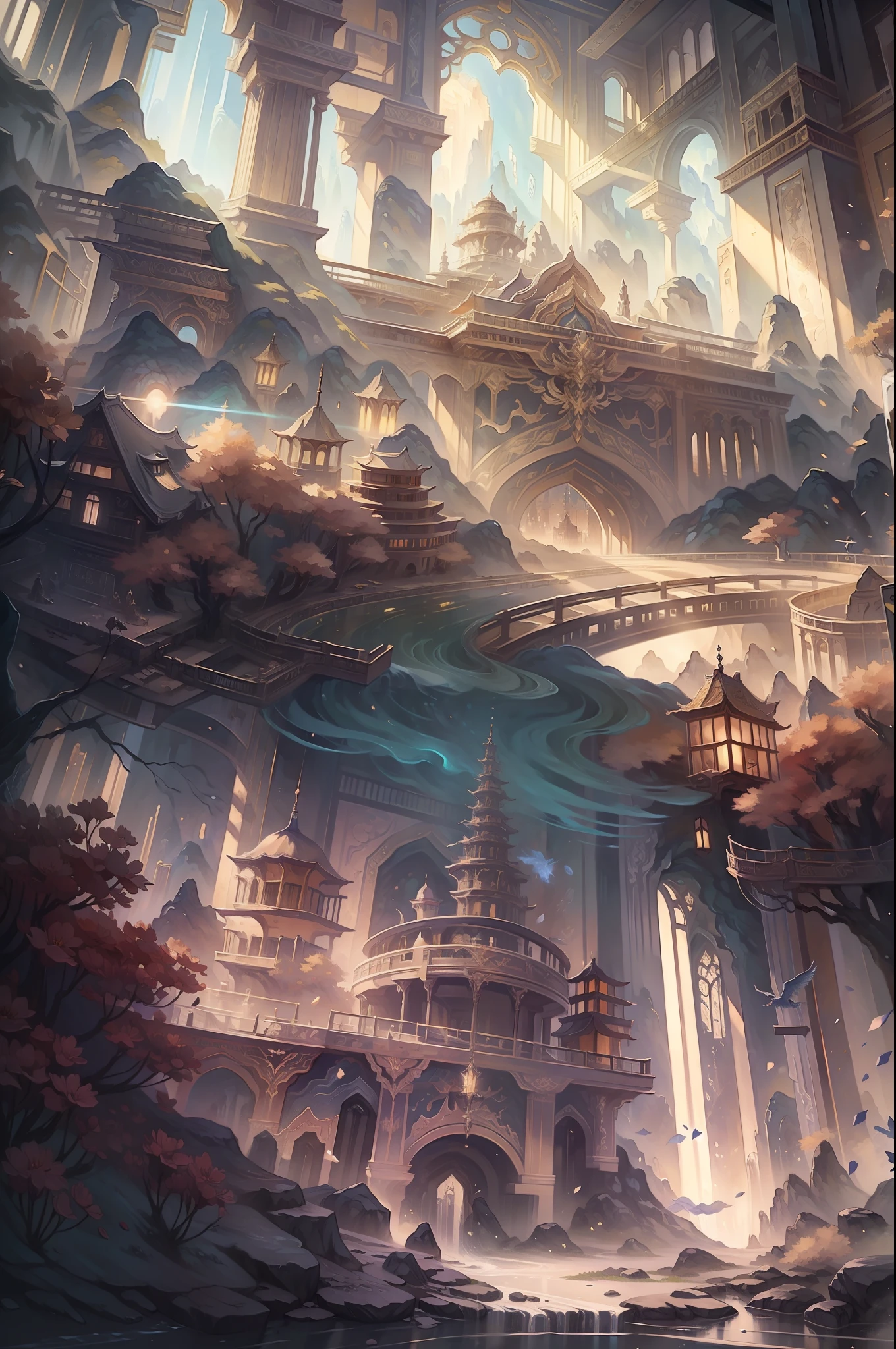 detailed light, cinematic lighting, lens flare, light leaks, sunlight , shine , beautiful detailed glow,absurdres,  incredibly absurdres, huge filesize , ultra-detailed, highres, extremely detailed,best quality ,masterpiece, illustration, an extremely delicate and beautiful, extremely detailed ,CG ,unity ,8k wallpaper, Amazing, finely detail, masterpiece,best quality,official art,extremely detailed CG unity 8k wallpaper,the best building,fairyland,masterpiece,best quality,ink and wash painting,Long shot,backlighting,[[loong, dragon background, loong background]]