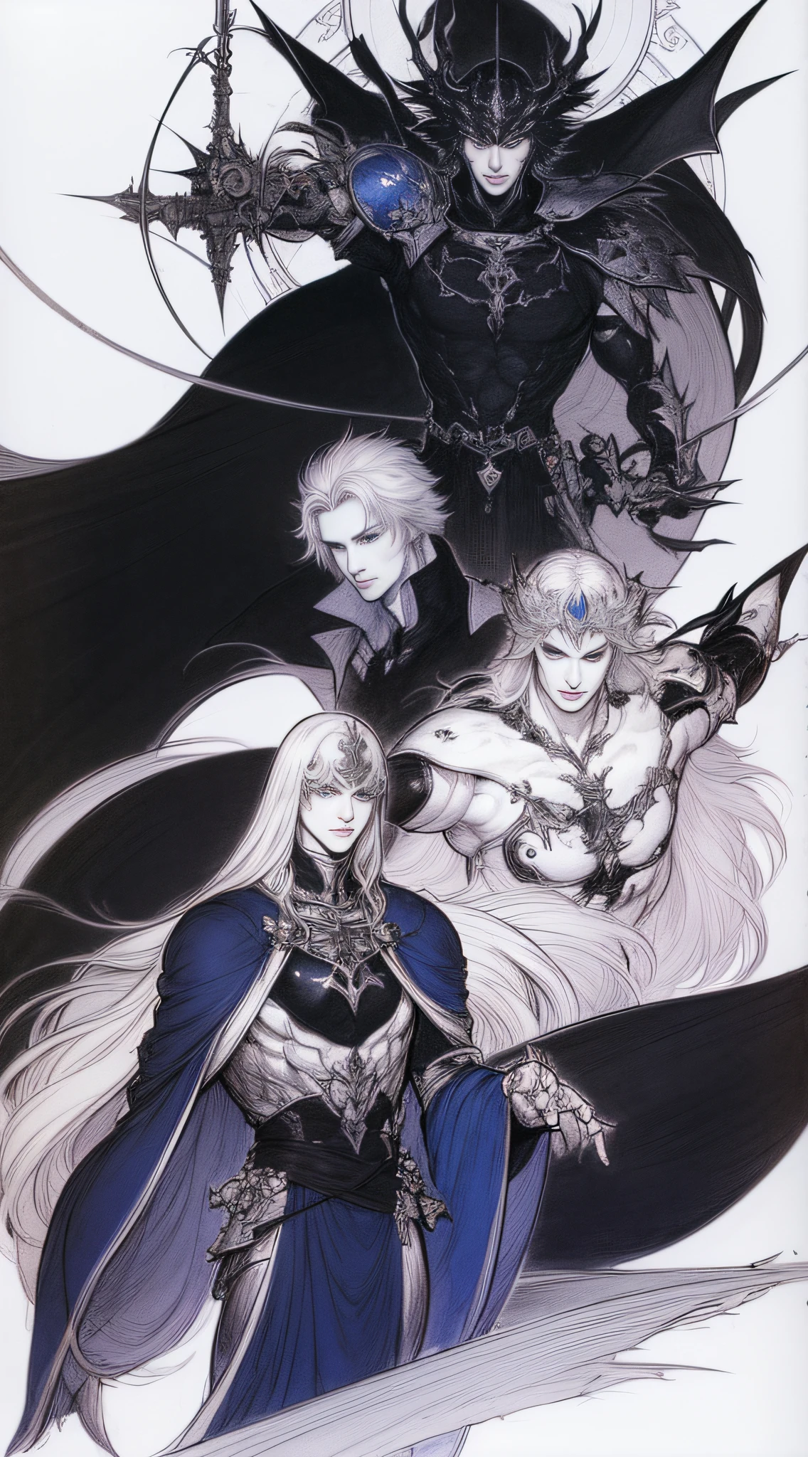 Blue armor、White background、line-drawing、pale color、holding swords、Fantastical、((man 1(White hair)))、Black Dragon Wings、Alfonse Mucha、de pele branca、Hollow eyes、Rough sketch、coarser line、Painterly、Lively poses、Beautiful black cloak、Dracula、A slender、Blue feathers、Delicate touch、fine lines、Equivocal faces、Black Mechanical Giant、Pencil drawing、drawing