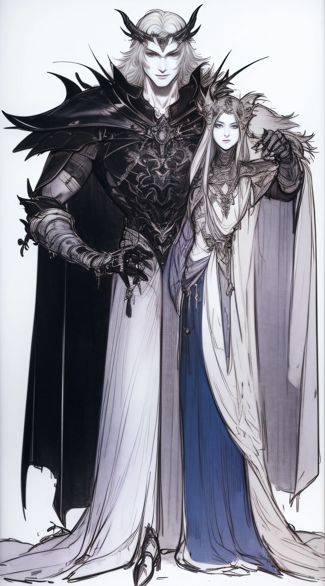 Blue armor、White background、line-drawing、pale color、holding swords、Fantastical、((man 1(White hair)）)、Black Dragon Wings、Alfonse Mucha、de pele branca、Hollow eyes、Rough sketch、coarser line、Painterly、Lively poses、Beautiful black cloak、Dracula、A slender、Blue feathers、Delicate touch、fine lines、Equivocal faces、Black Mechanical Giant、Pencil drawing、drawing