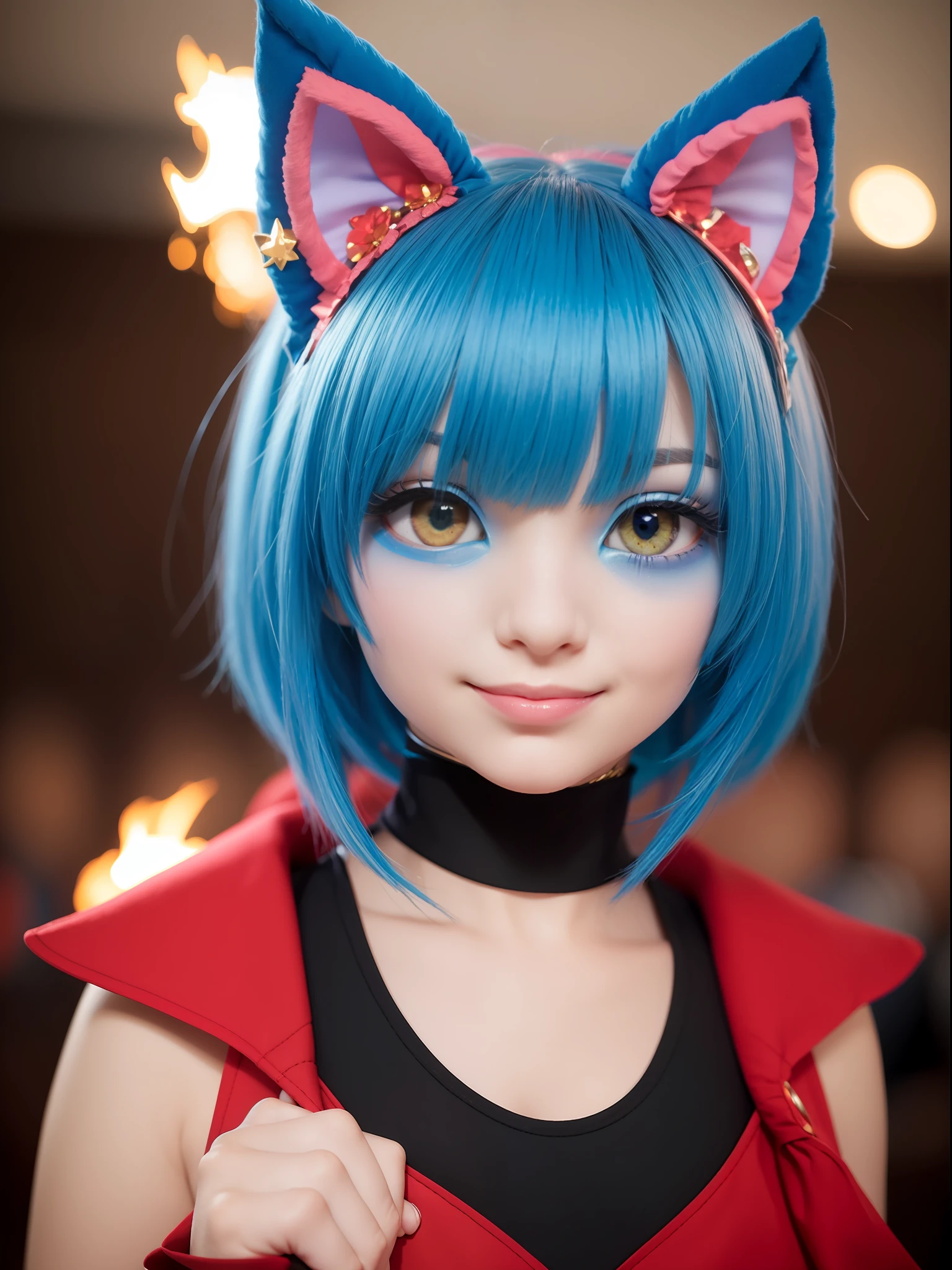 Blue cat ears,Plush detailing,Perfect face,ssmile,cropped shoulders,Large eye details with red pupils,fiery,Hand on chin,Look ahead at the audience