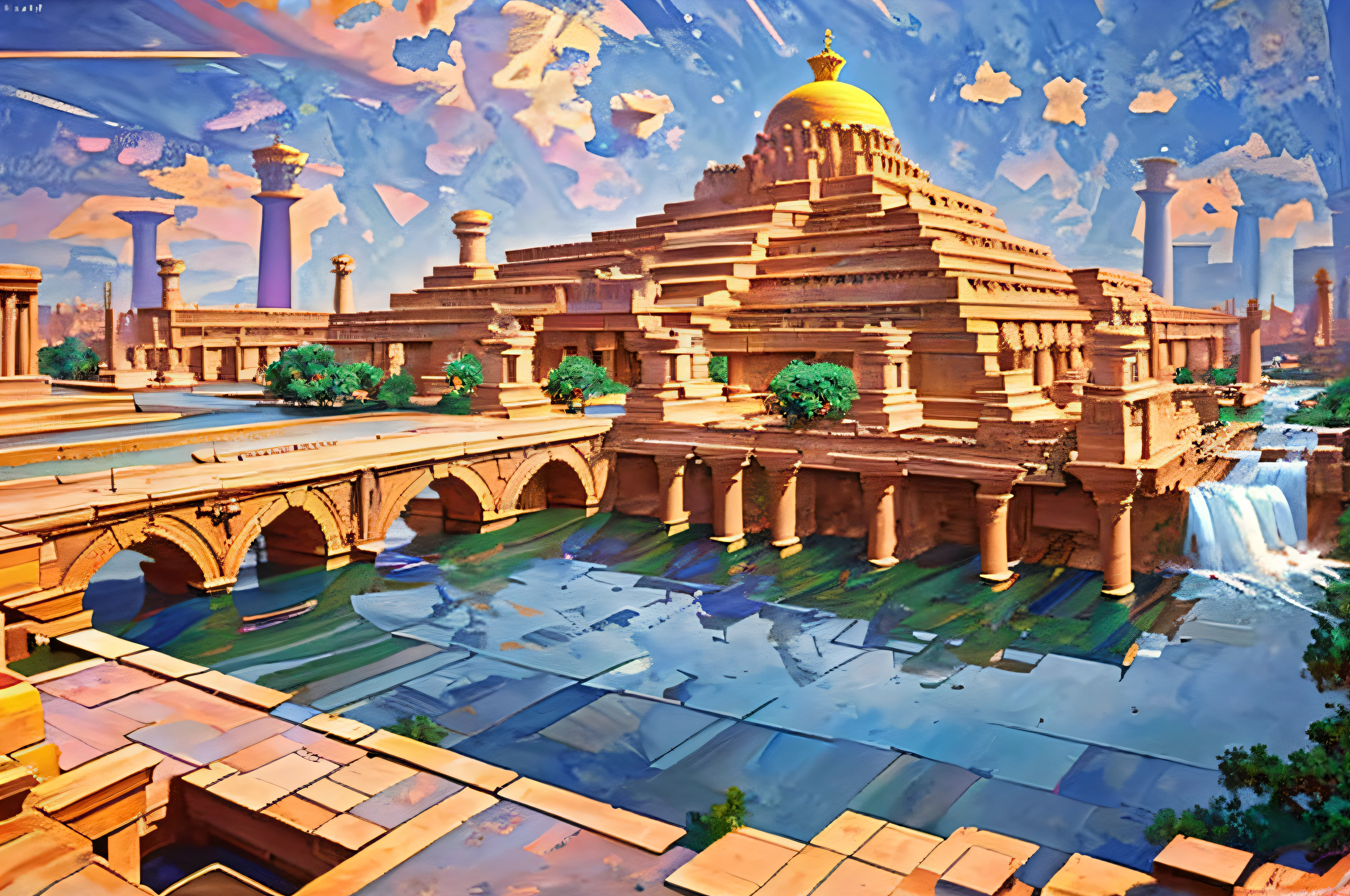 ChromaV5, (extremely detailed wallpaper of CG 8k unit), ancient city of Babylon, Sumerian architecture, hanging garden, ishtar gate, color grading, natural light, panoramic view, wide angle, 28 mm lens, award-winning photography, chromatic aberration, detailed, HDR, Bloom, majestic oil painting by, Thomas Cole, Frederic Church and Albert Bierstadt, trends in the arts station,  trends in CGsociety, intricate, high detail, dramatic, midjourneyl art