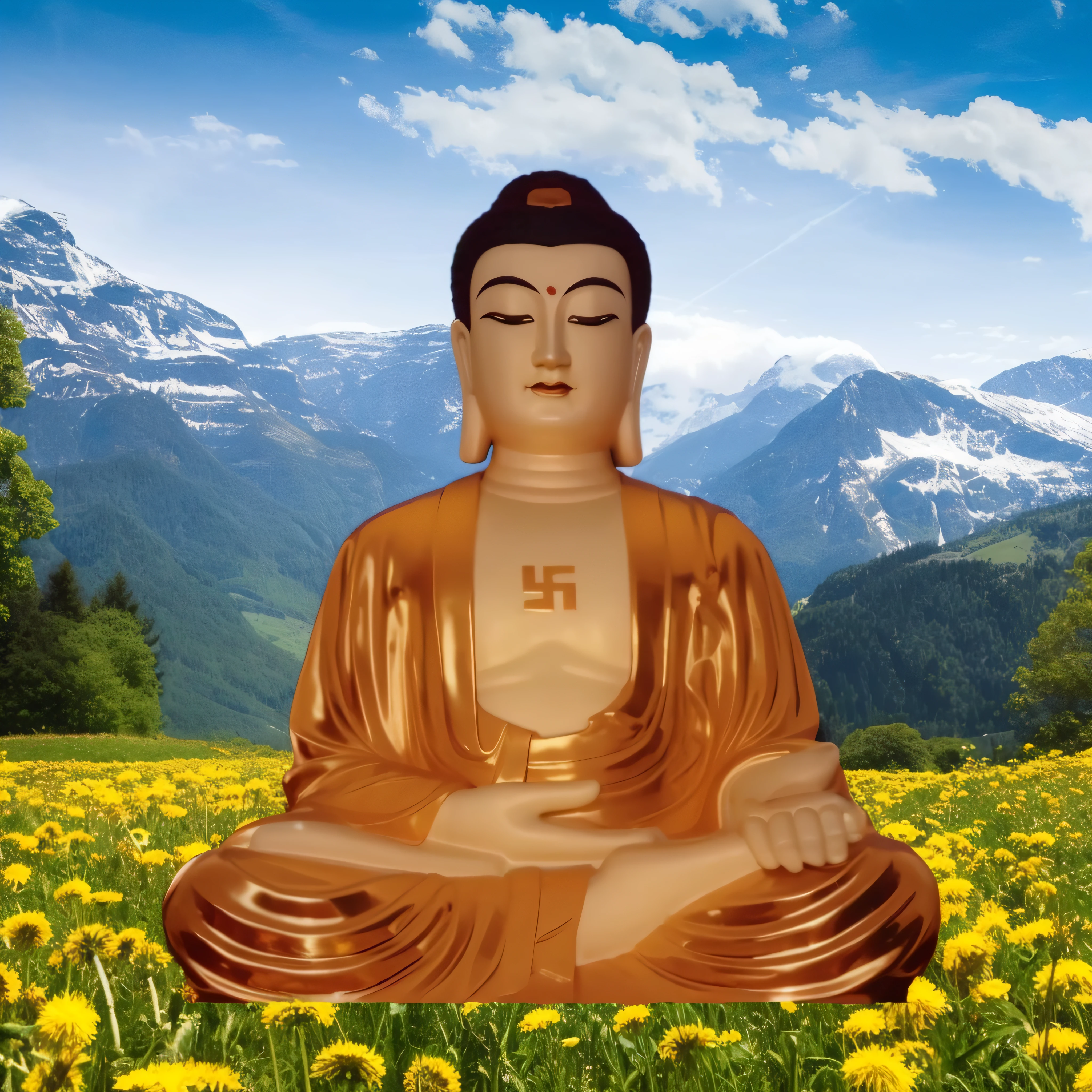 Buddha statue in dandelion field with mountain range in background, Buddhism, a Buddhist Buddha, Buddha, samsara, monk meditation, sukhasana, Buddhist, Meditation, Karma for tomorrow。, The Hindu phase of meditation, Buddhist monk meditation, inner peace, calm feeling, Meditating, 4 0 9 6, padmasana, screensaver, Meditative，The Buddha statue sits on a reef by the sea, a Buddhist Buddha, Buddhist, Buddhism, Buddha, bodhisattva, attractive male deity, buddhist art, author：Shen Zhecai, Guanyin, Beautiful image, beautiful gold saint, By Shen Quan, samsara, An ancient, enlightening, Lotus, golden sacred tree ，portrait of monk, facing to audience，Put your hands together in front of your chest，Meditate，Live-life ratio， Dressed in solemn Buddhist robes，tsukasa dokite, masakazu katsura,Huge mud Buddha statue，Put your hands together in front of your chest， Dressed in a solemn red Buddhist robe，Put your hands together in front of your chest， Dressed in solemn Buddhist robes，In a state of Zen，a massive celestial giant god，buddhist architecture，A spectacular and solemn scene，The stonework，Copper surface，Made of red copper，Clear lines，High- sharpness，Real shooting，8K quality。, photograph taken in 2 0 2 0,4096， Buddhism, a massive celestial giant god,Buddha statue of Shakya Rulai,Put your hands together in front of your chest， Dressed in solemn Buddhist robes，floating in a powerful zen state, it is very huge, Mesmerizing and imposing ，photograph taken in 2 0 2 0, The stonework，Copper-colored face，Copper-colored facial skin，Copper-colored facial fullness, peaceful expression，Clear lines，High- sharpness,Realphotos，8K quality，hyper HD ，Don't show your muscles，Don't show your muscles，Don't show your muscles，Don't show your muscles，blue sky and white clouds on the background