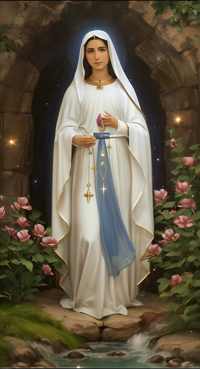 (((Blessed Virgin Mary))) Obra maestra, (La mejor calidad: 1.2), (super fine: 1.2), illustration, (extremadamente delicado y hermoso: 1.2), movie angle, flotante, (Hermoso ojo de detalle: 1.1), (detalle luz: 1.1), Movie Lights, Cielo delicado, ojos azules, (Cola de caballo alta: 1.1), capa, ojuelos, (luna: 1. 2), (Luz de la luna: 1.1), cielo estrellado, (light particles: 1.1) dibujo, flor. (Obra maestra), (La mejor calidad), (fotorrealista:1.3), 8k, Textura detallada de la piel, Textura detallada de la tela, Hermosa cara detallada, Detalles intrincados, Ultra detallado (cuerpo de cuerpo entero:1.2)