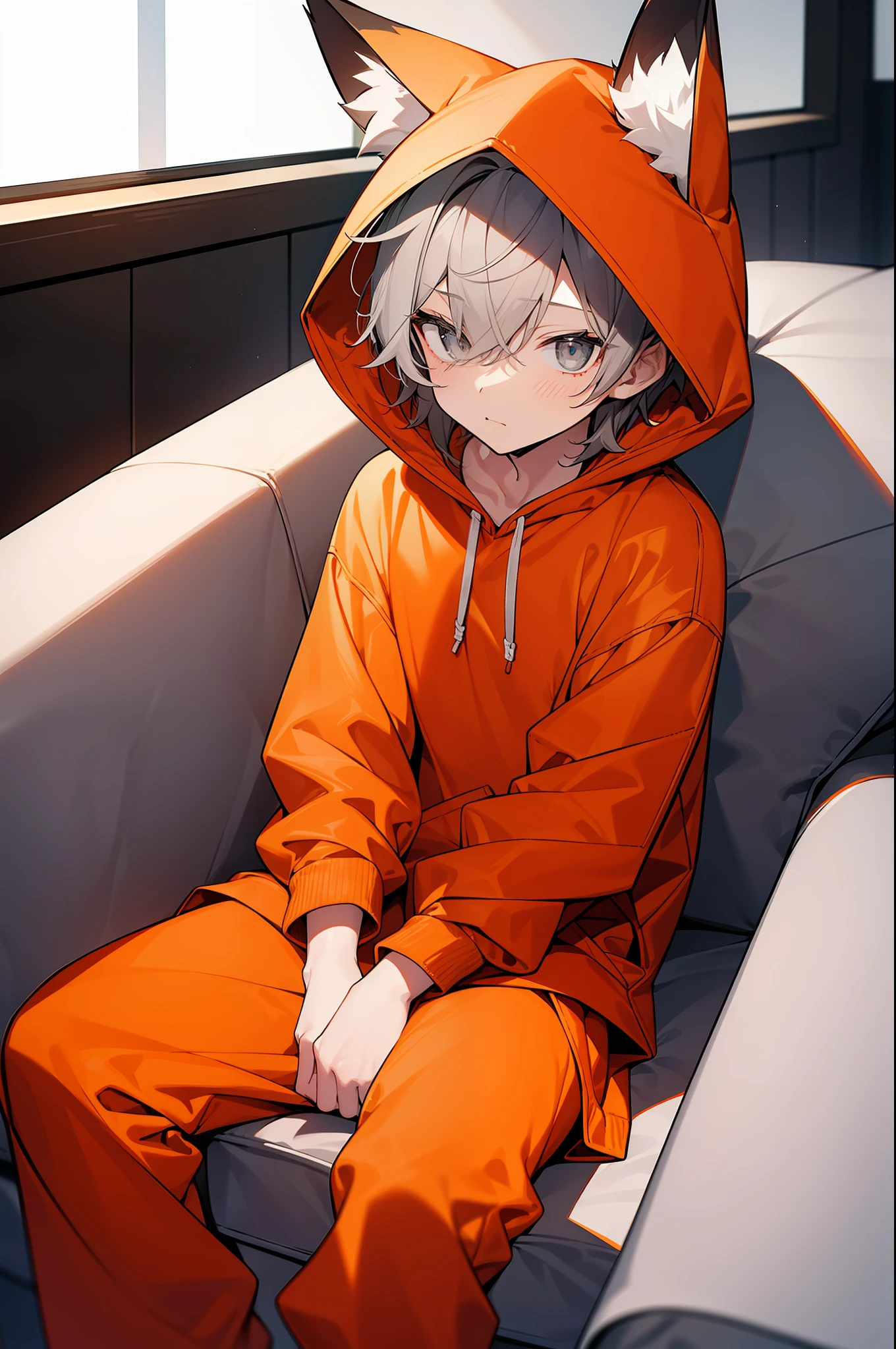 an 6 year old boy ???, Boy, grey messy medium hair, grey eyes, pale skintone, wearing an orange fox onesie, orange hoodie over his head, Fox ears on hoodie, fox onesie and orange pants connected together, sitting on sofa/couch, small size, 107cm tall, house environment, cute and adorable, shy,