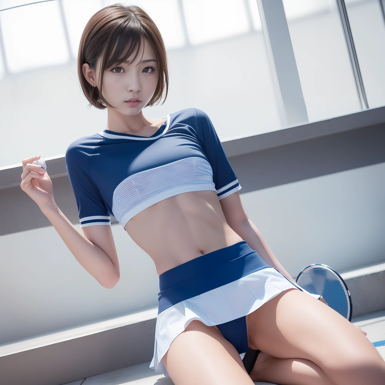 (Solo), (a detailed full-body RAW photo of a girl), (masutepiece:1.0), (Best Quality:1.4), (超A high resolution:1.2), (Photorealistic:1.4), 8K resolution, Canon EOS R5, 50 millimeters, absurderes, ultra-detailliert, (40 year old), Cinematic lighting, Detailed beautiful face, (no-makeup:1.2), (ulzzang -6500-v1.1), petite figure, Detailed skin texture, (flat chest:1.4), (skinny and fit body:1.6), Detailed brown hair, sweltering,(Very short hair:1.5), See Through wear, (blue and white thin tennis mini skirt:1.5), More transparent, low rise, realistic glistening skin, Detailed texture, Cameltoe, well-developed abs, erect nipples, wet wear, (masami nagasawa), stylish porse,