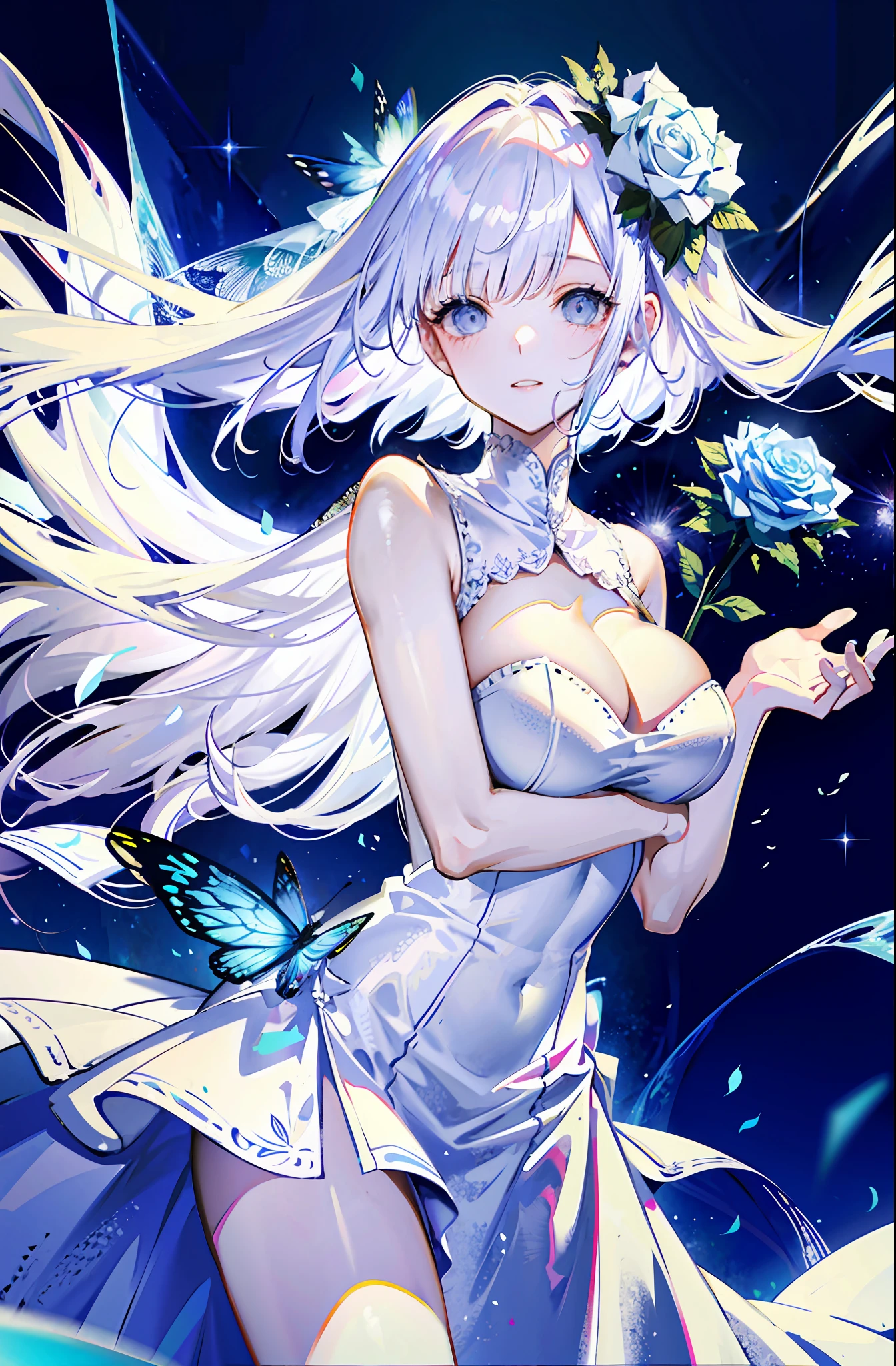 silber hair，butterflys，long whitr hair，white wedding gown，8k wallpaper，detailedbackground，Highest high resolution，deep v big breasts，Hair covers one eye，Bandeau wedding dress，chies，White rose，tight-fitting，chies，In the daytime，ln the forest