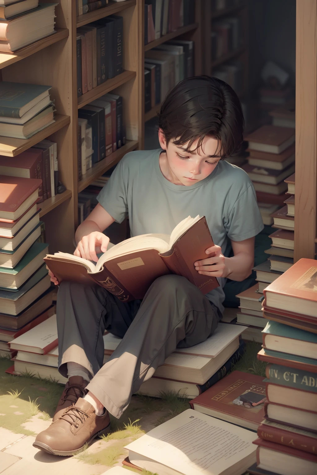 Finding you reading on the ground in a pile of books full of books 1boy