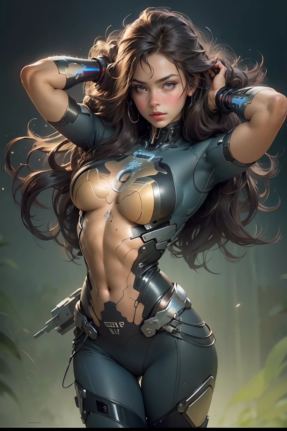 Beautiful cybernetic girl looking at camera underwear detailed muscles realistic masterpiece