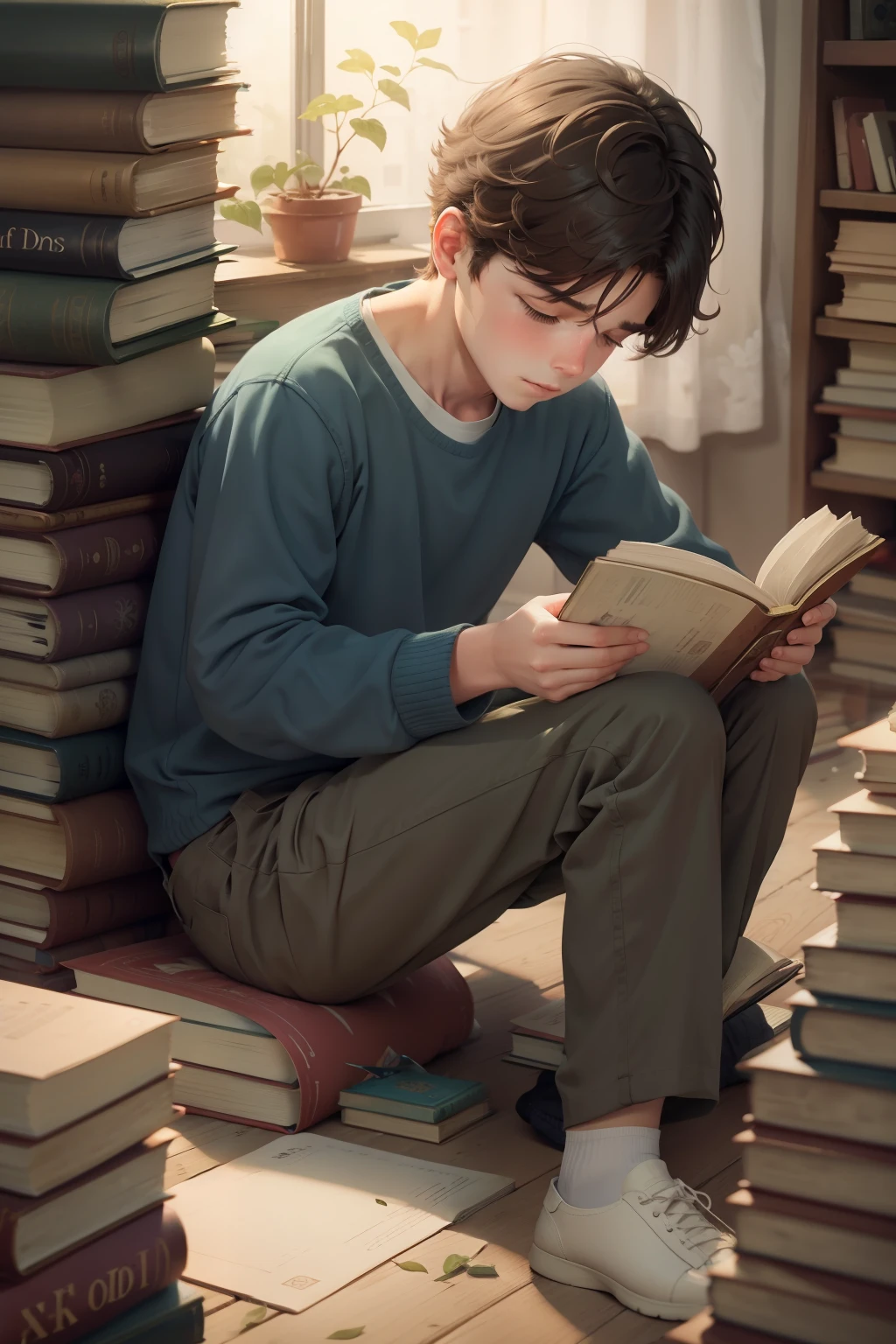 Finding you reading on the ground in a pile of books full of books 1boy