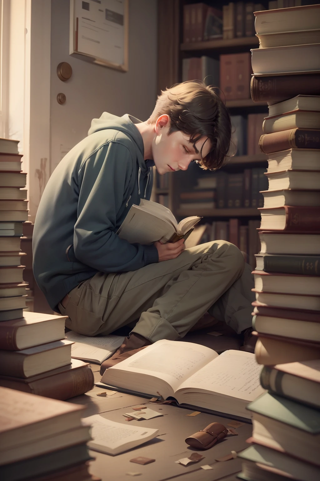 Finding you reading on the ground in a pile of books full of books 1boy
