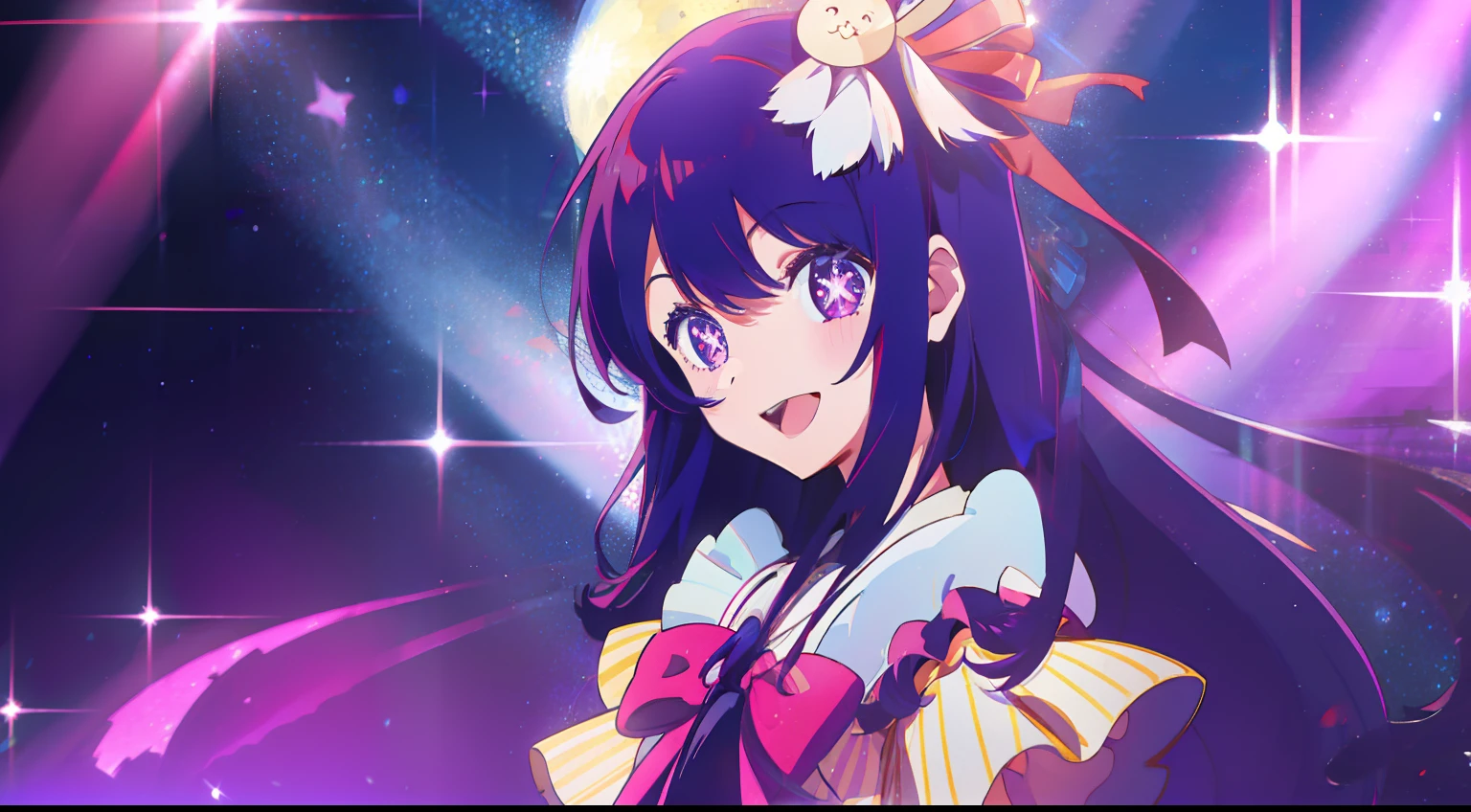 Hoshino Ai, Long hair, Purple hair, striated hair ,Purple eyes, star-shaped pupils, Hair Ornament,laugh、a smile、Idol costumes、bow ribbon、frilld、huge smile
