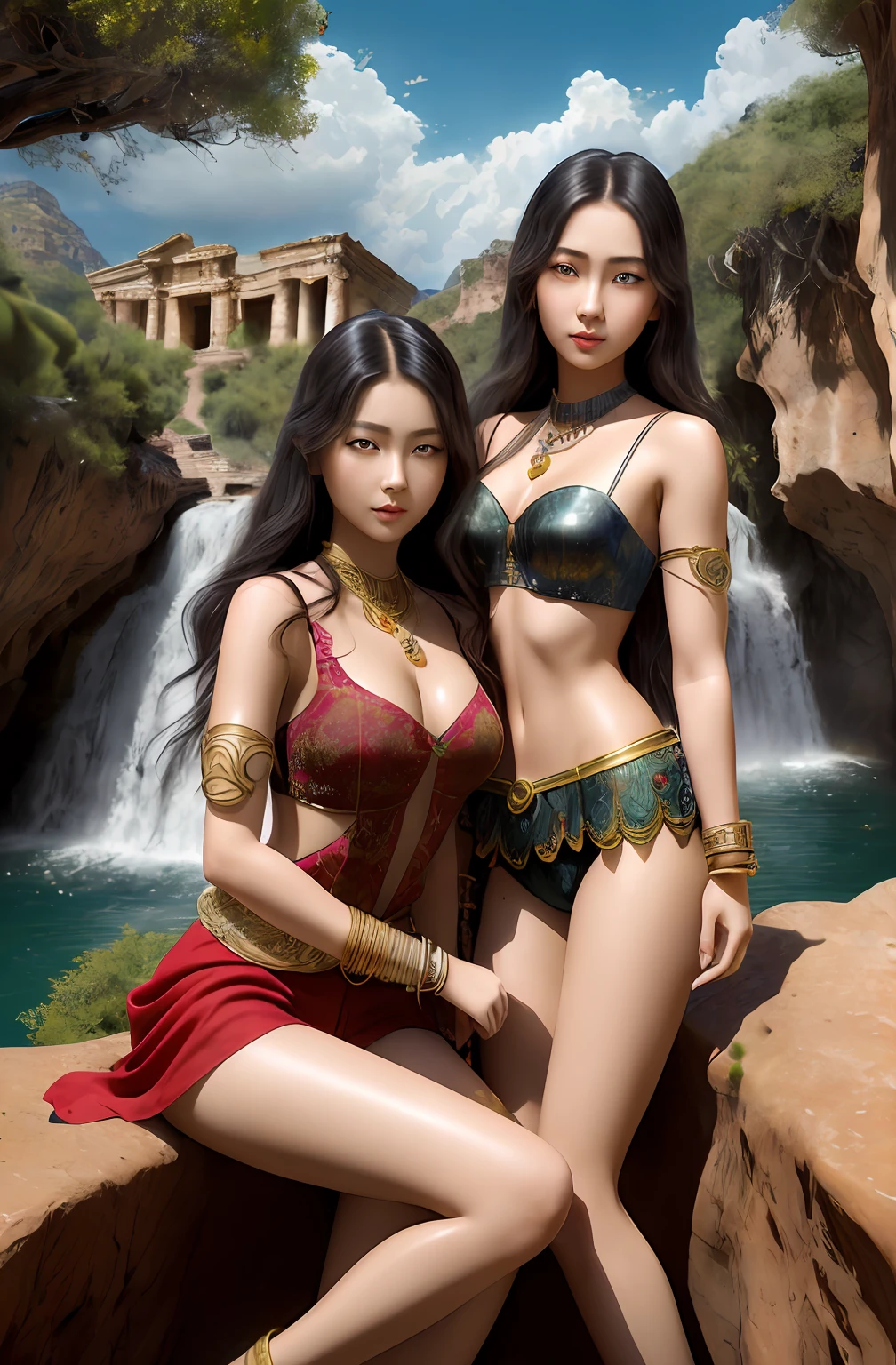 ((Realistic:1.5)),Ulzzang-6500:1.3,((Best quality)), ((Masterpiece)),((Detailed)),2girls,duo,{2 beautiful women}, (Upper body:1.3),Hug and touch each other, Tease your friend's waist, Breathless friends, Biting a friend's earlobe, crouched,super wide shot,Face focus, Long legs,Curvy, Barefoot,Wide hips, Thin legs, Oversized eyes,Long eyelashes, (Detailed face,beautidful eyes, detailedpupils,detailed clothes features, Clear background:1.3), (armlets, bangle:1.3), Mysterious ancient ruins, floresta exuberante, Deep canyon,bridge,River,cliff,Cloud,lakes,Rock music,Waterfalls, Flowers, Grass,grape trees,tree,bright detail,Sharp,Perfect compounding, Intricate, Sharp focus, Dramatic,