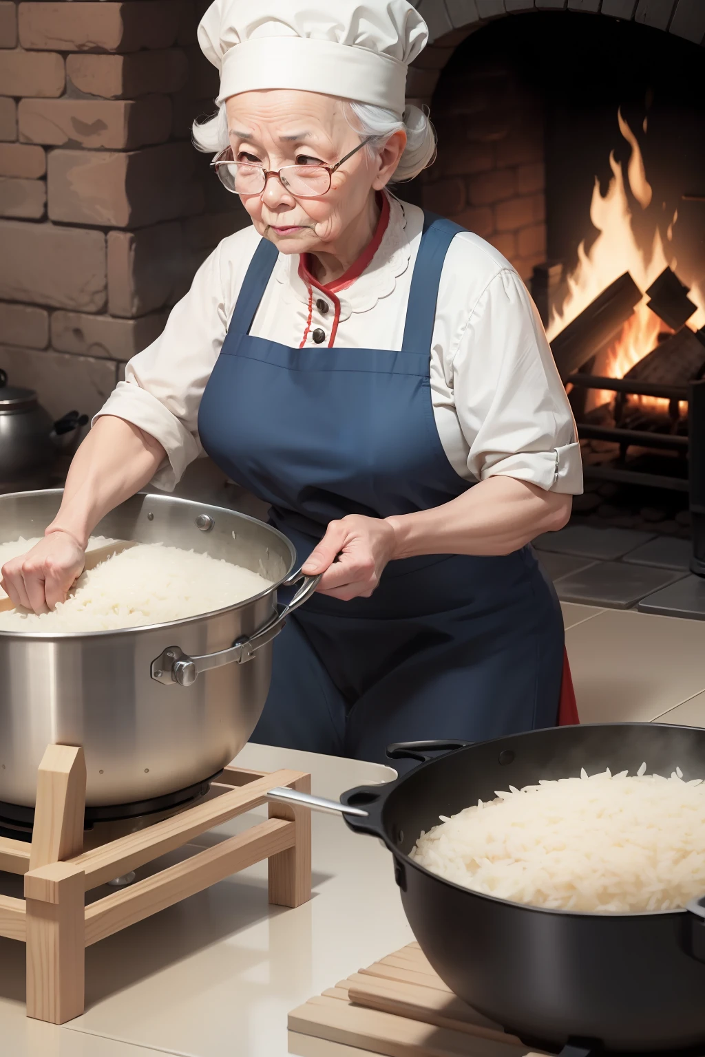 An old-fashioned cook grandma is cooking rice over a fire
