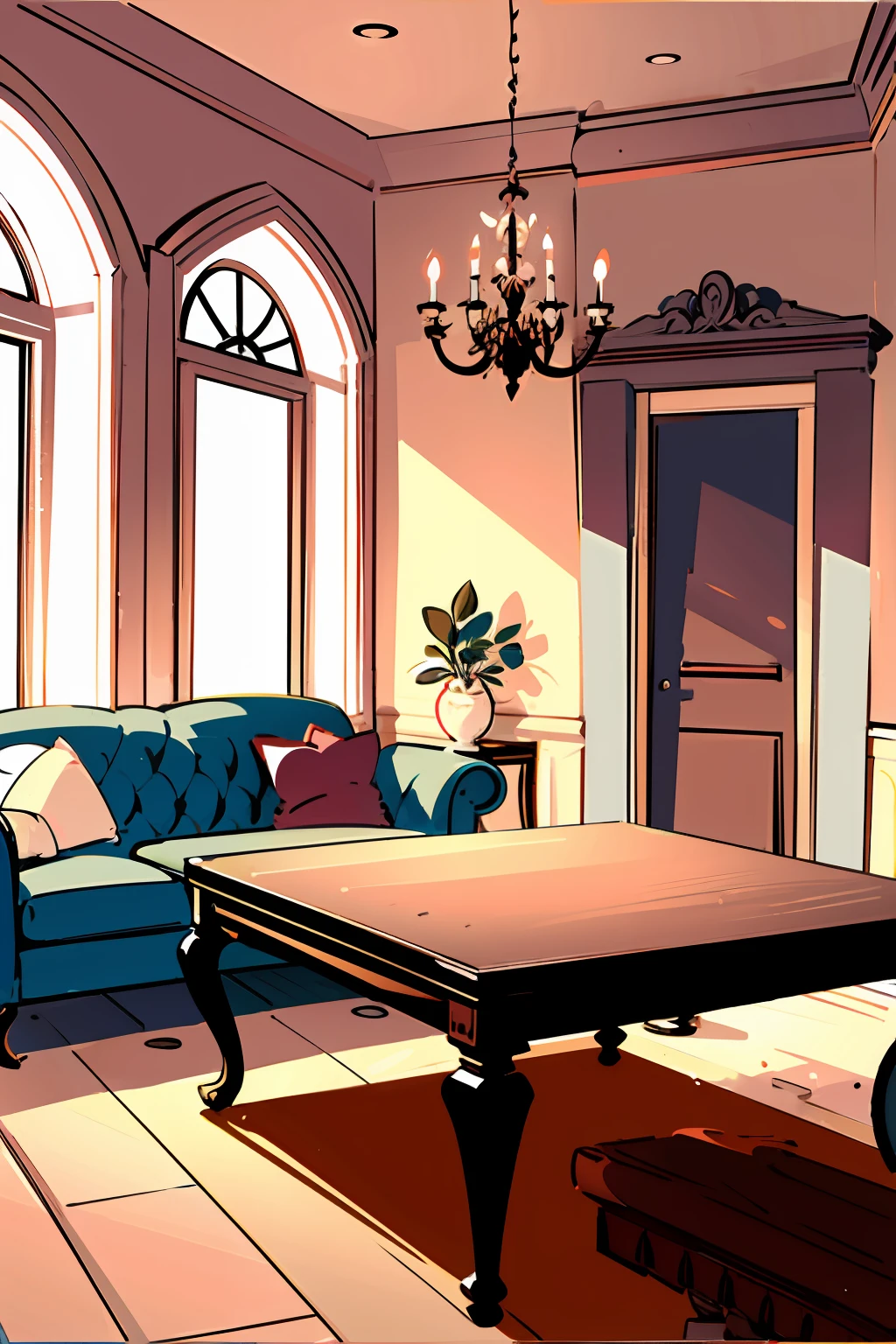 A sketch inside a furniture and decoration store in a single, large room with sofas, des fauteuils, suspensions, luminaires, Dining tables with table chairs decorated in a stylewith white walls , haut plafond avec vendeur et ses cliente heureux. award winning photography
