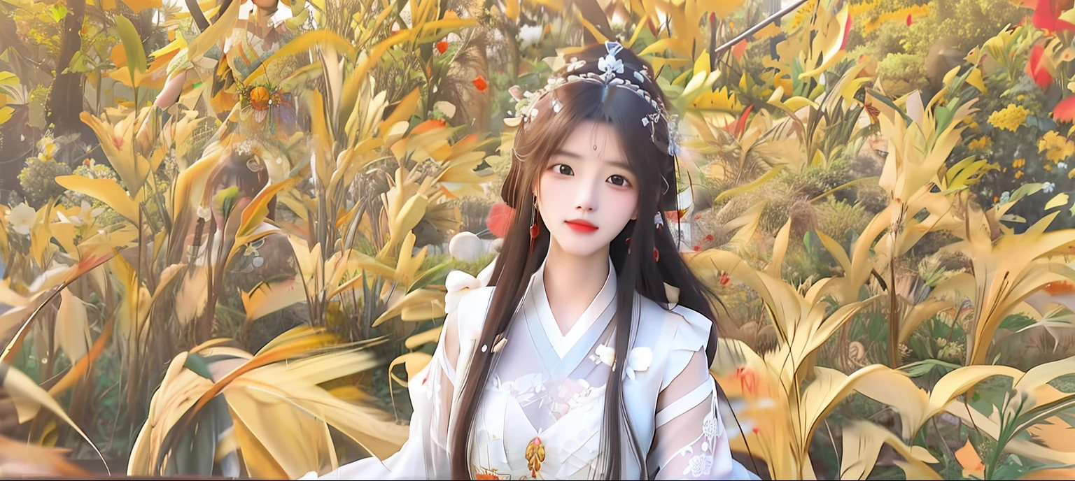 In the flower field there is a woman with long hair and a white dress, the goddess of autumn harvest, a beautiful fantasy empress, autumnal empress, goddess of autumn, ((a beautiful fantasy empress)), Inspired by Lan Ying, inspired by Luo Mu, inspired by Du Qiong, Inspired by Huang Ji, inspired by Wu Li, Inspired by Ai Xuan