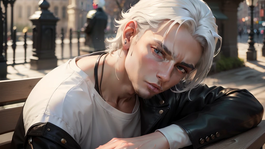 (absurdres, highres, ultra detailed, HDR), masterpiece, best quality, 1boy, solo, handsome, white hair, finely eye and detailed face, forehead, ((loose white t-shirt)), ((black jacket)), look at viewer, ear piecing, sitting on bench, park in background
